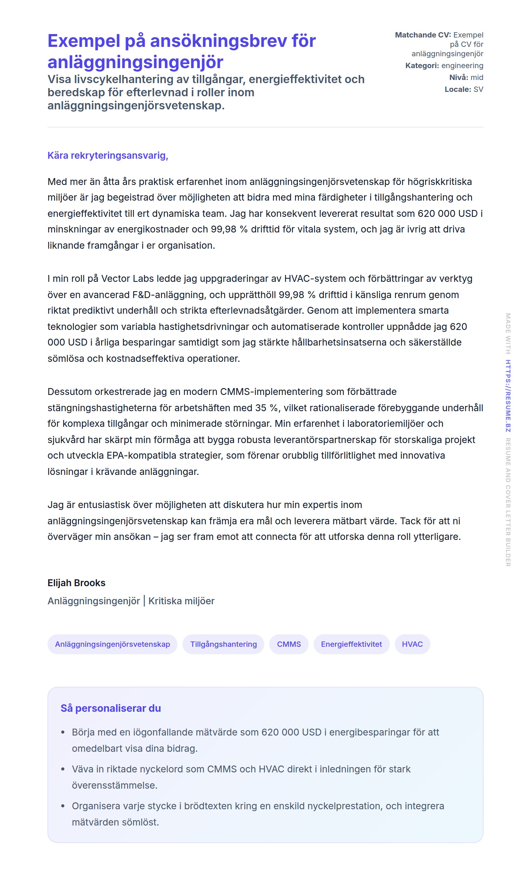 Förhandsgranskning av motivationsbrev för Exempel på ansökningsbrev för anläggningsingenjör