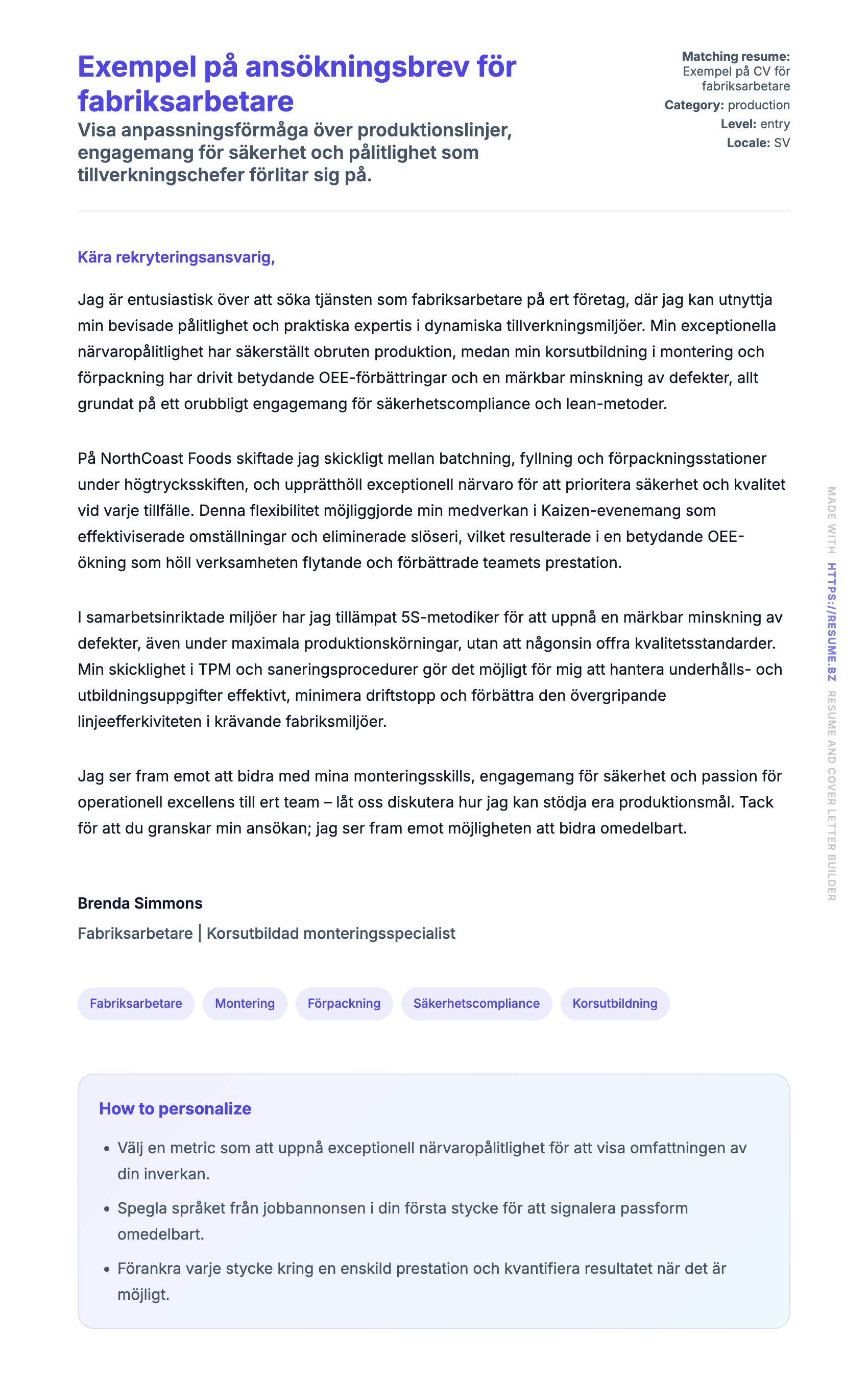 Förhandsgranskning av motivationsbrev för Exempel på ansökningsbrev för fabriksarbetare