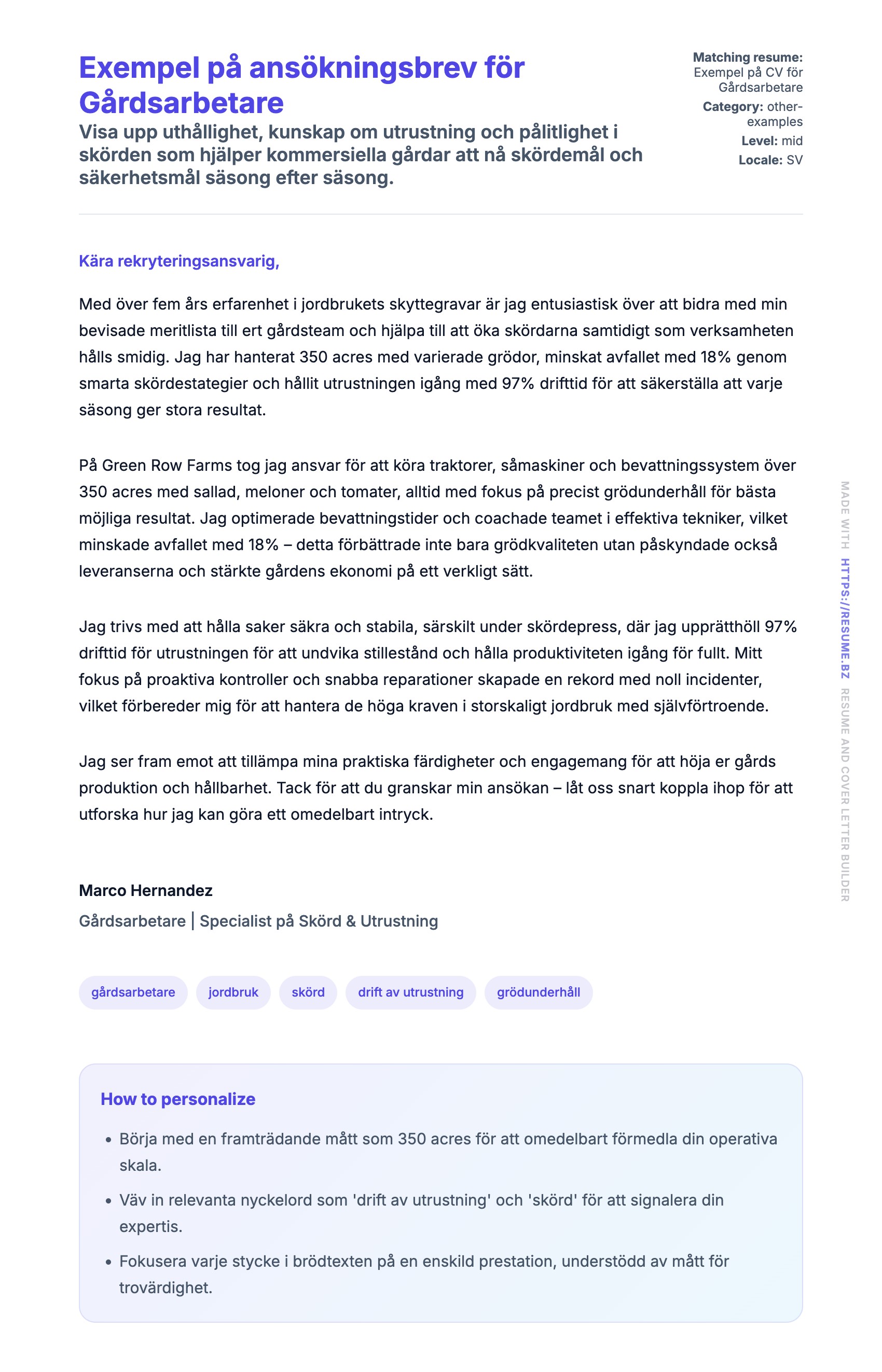 Förhandsgranskning av motivationsbrev för Exempel på ansökningsbrev för Gårdsarbetare