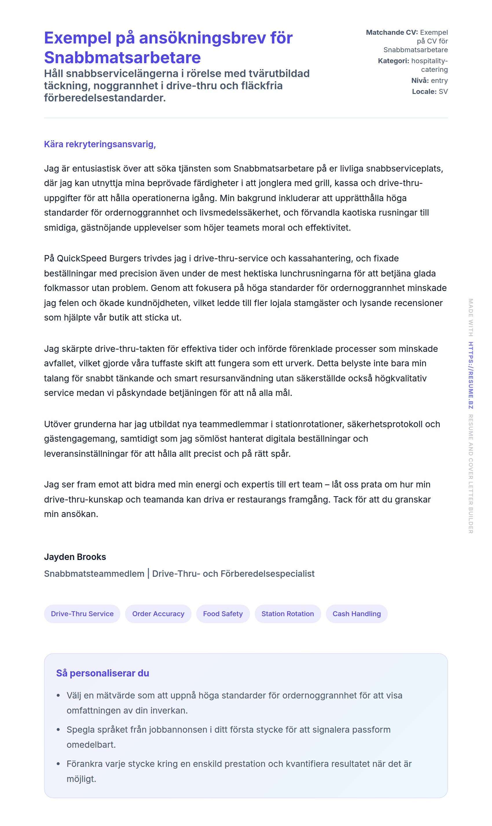 Förhandsgranskning av motivationsbrev för Exempel på ansökningsbrev för Snabbmatsarbetare