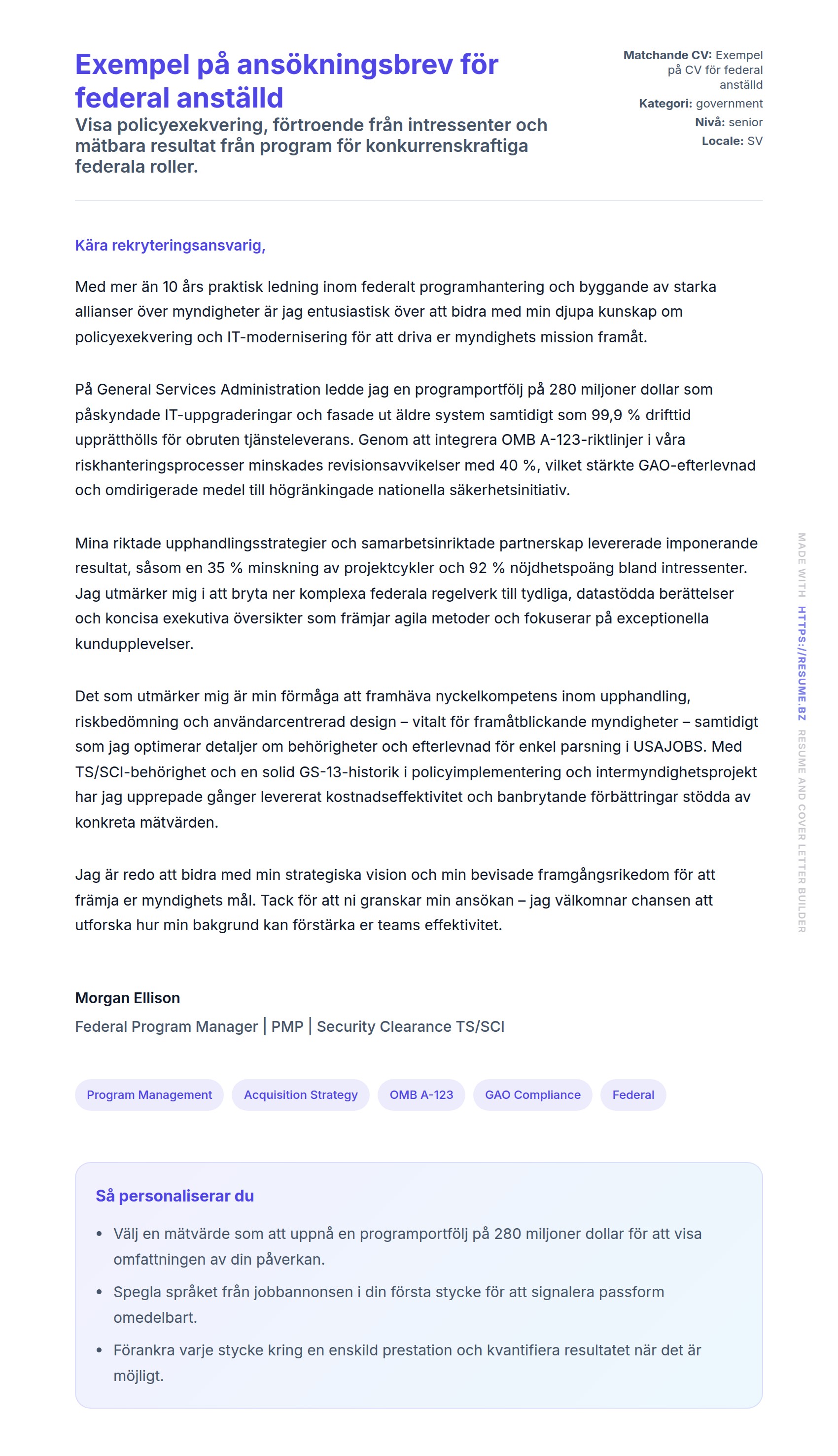 Förhandsgranskning av motivationsbrev för Exempel på ansökningsbrev för federal anställd