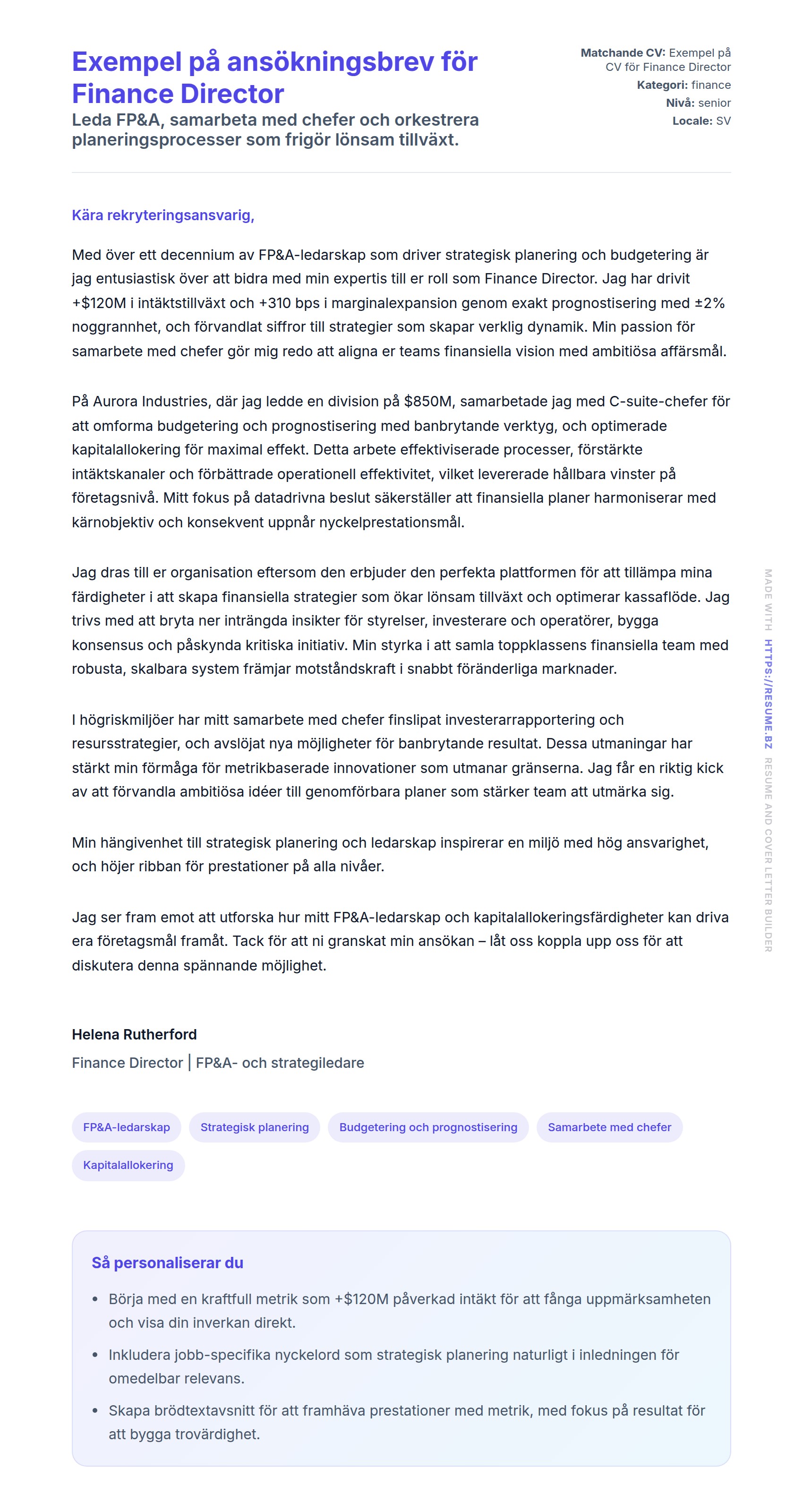 Förhandsgranskning av motivationsbrev för Exempel på ansökningsbrev för Finance Director