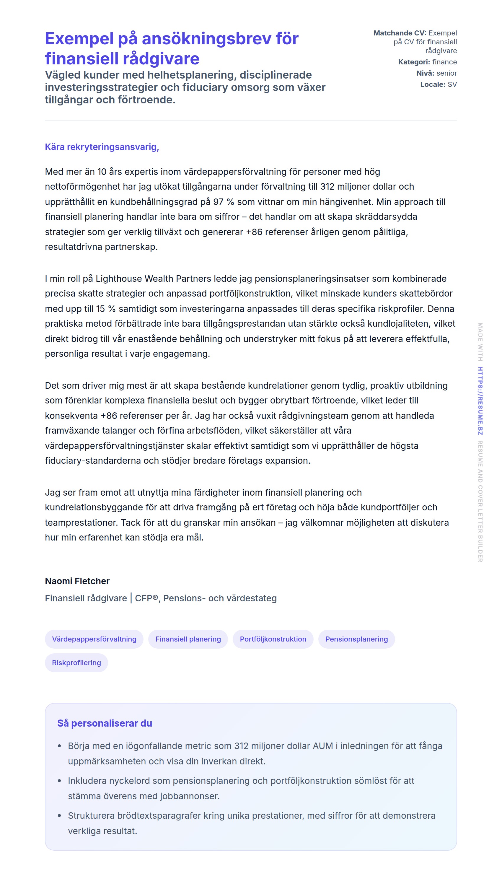 Förhandsgranskning av motivationsbrev för Exempel på ansökningsbrev för finansiell rådgivare