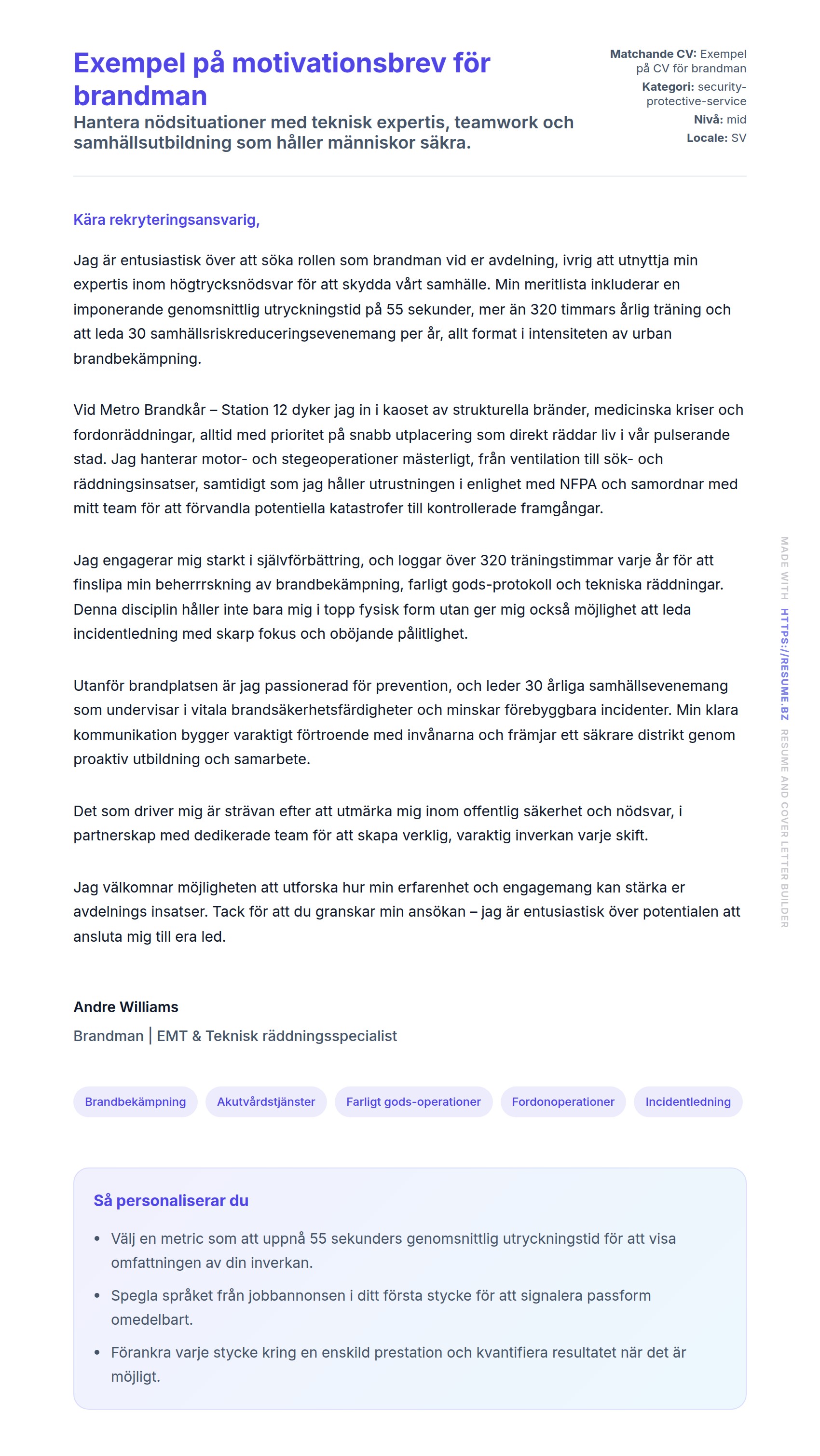 Förhandsgranskning av motivationsbrev för Exempel på motivationsbrev för brandman