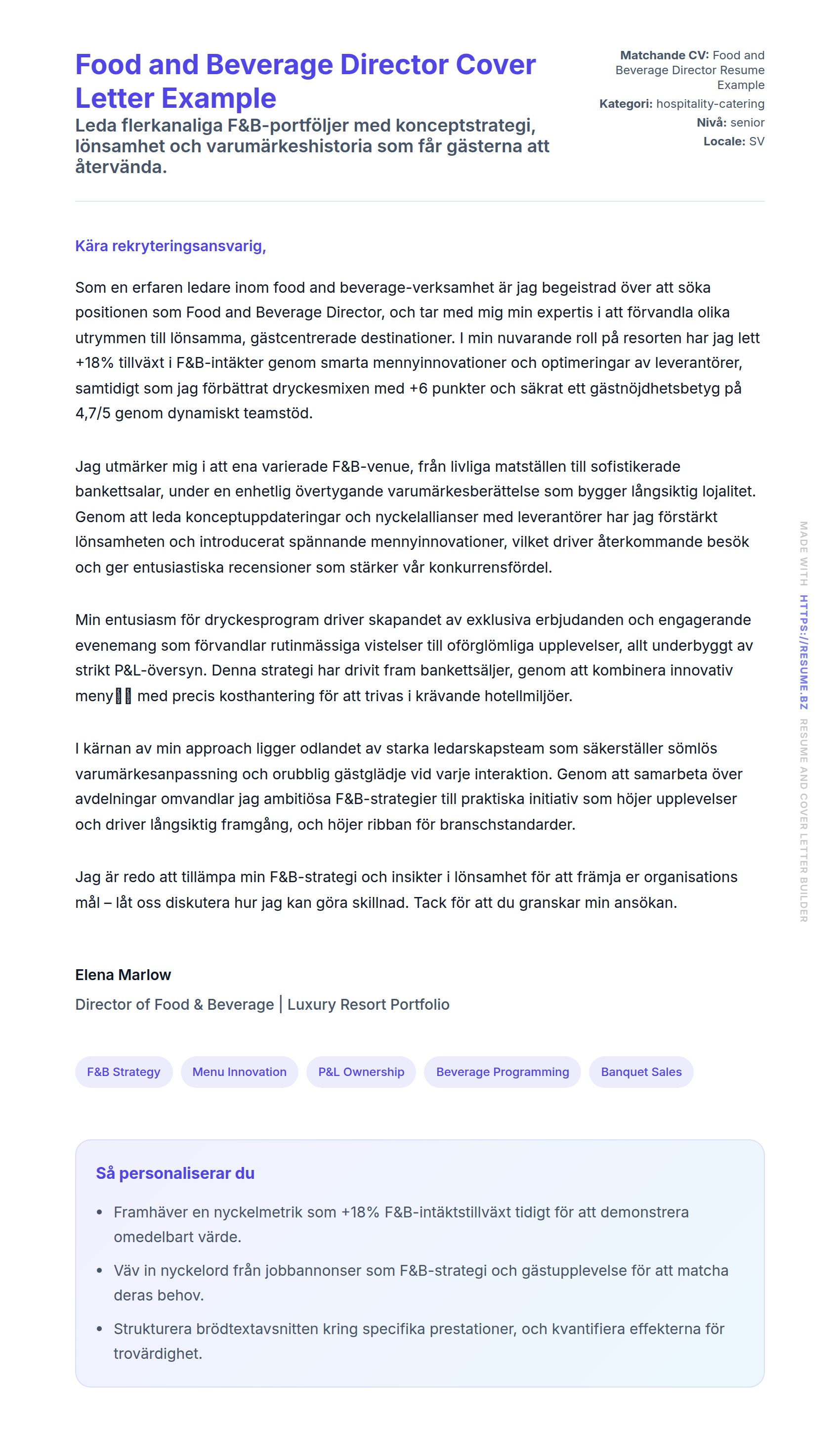 Förhandsgranskning av motivationsbrev för Food and Beverage Director Cover Letter Example
