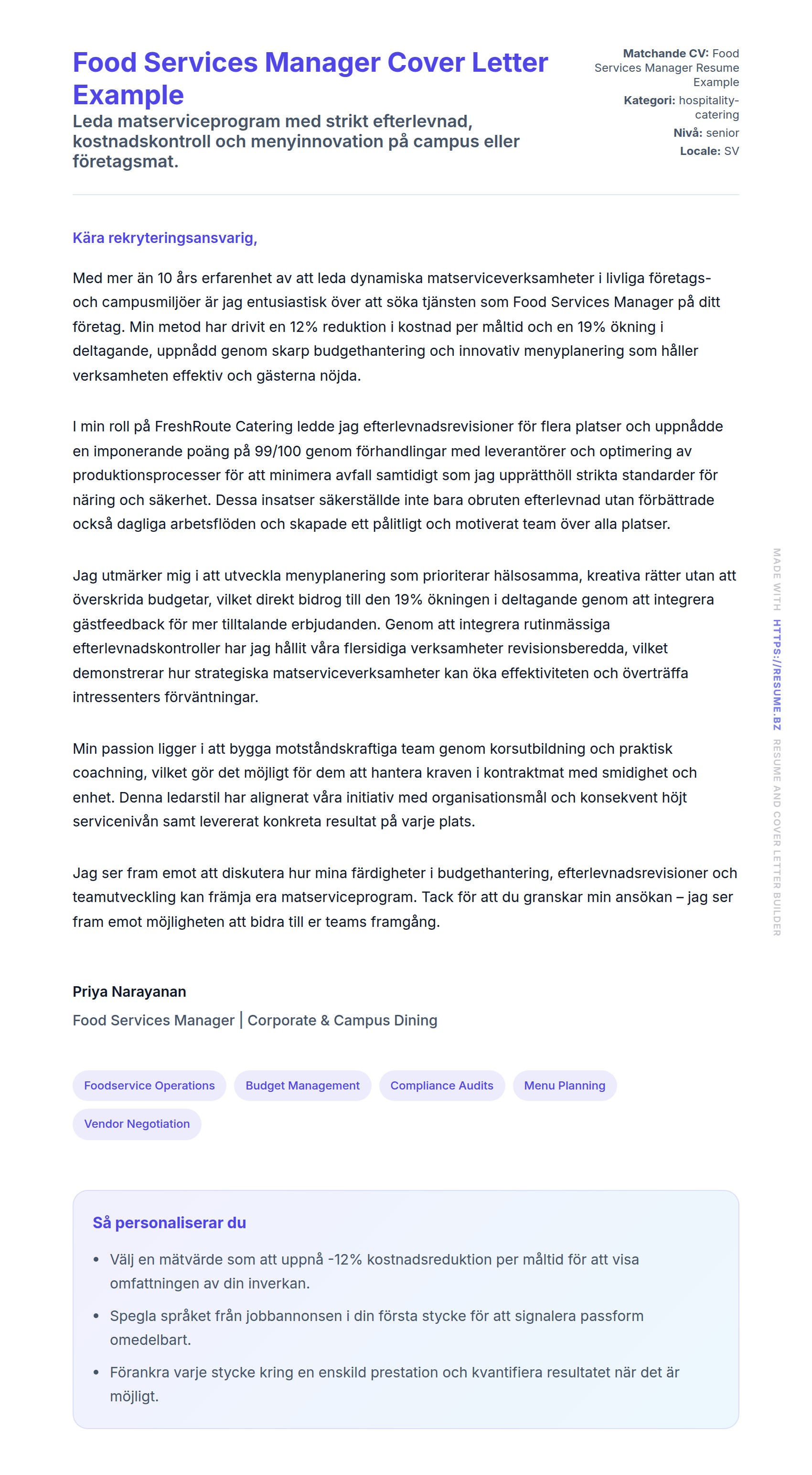 Förhandsgranskning av motivationsbrev för Food Services Manager Cover Letter Example