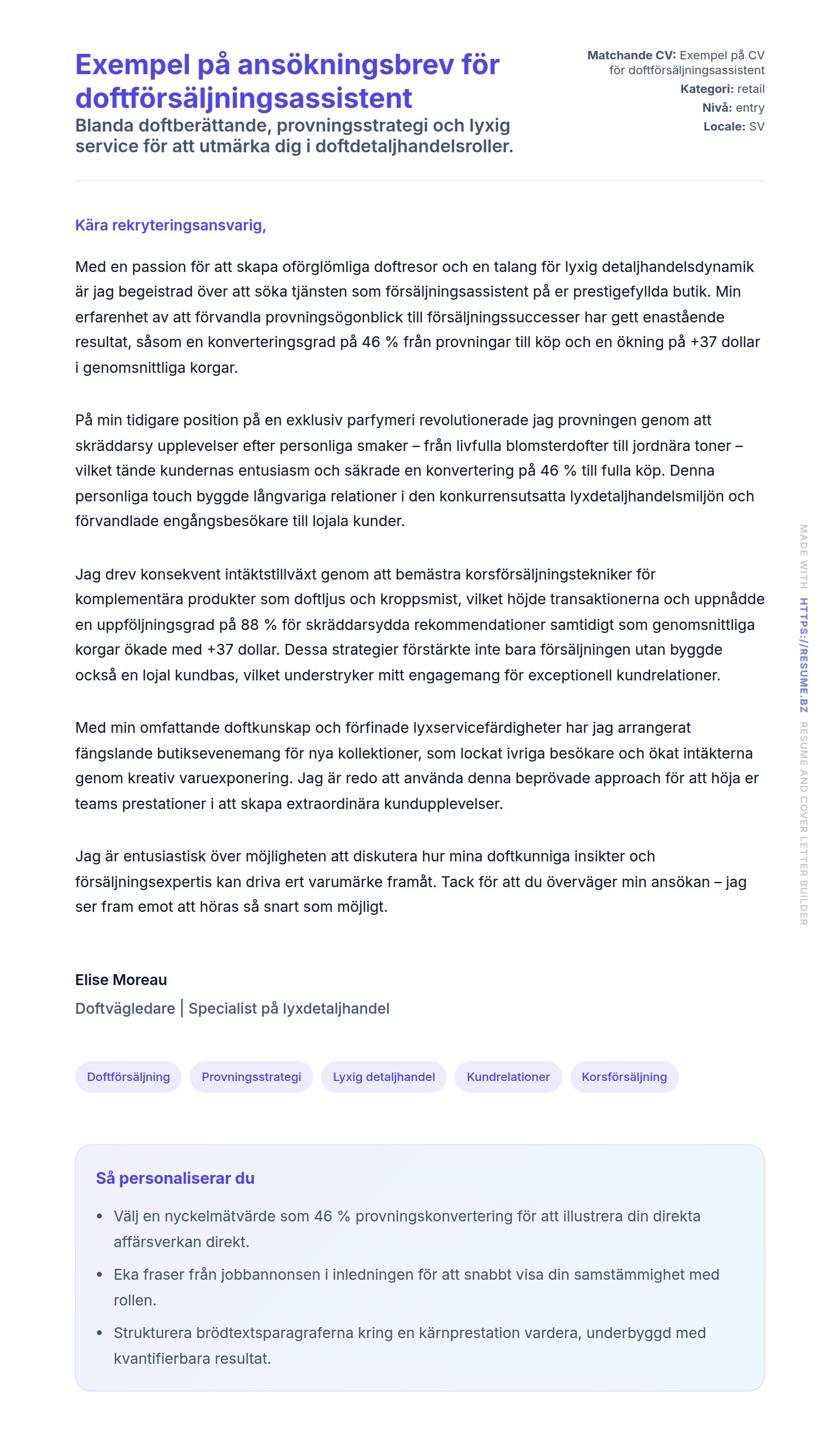 Förhandsgranskning av motivationsbrev för Exempel på ansökningsbrev för doftförsäljningsassistent