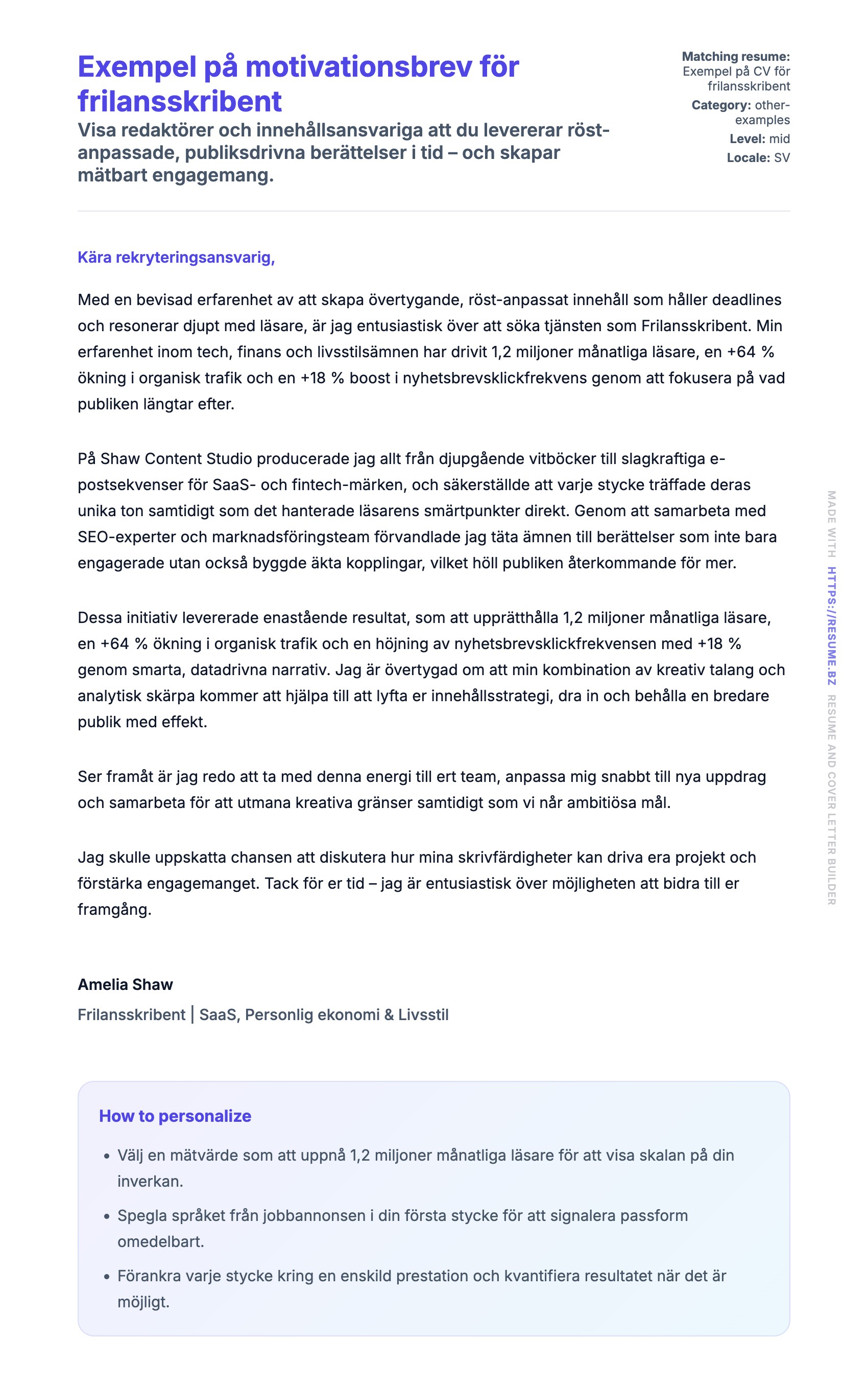 Förhandsgranskning av motivationsbrev för Exempel på motivationsbrev för frilansskribent