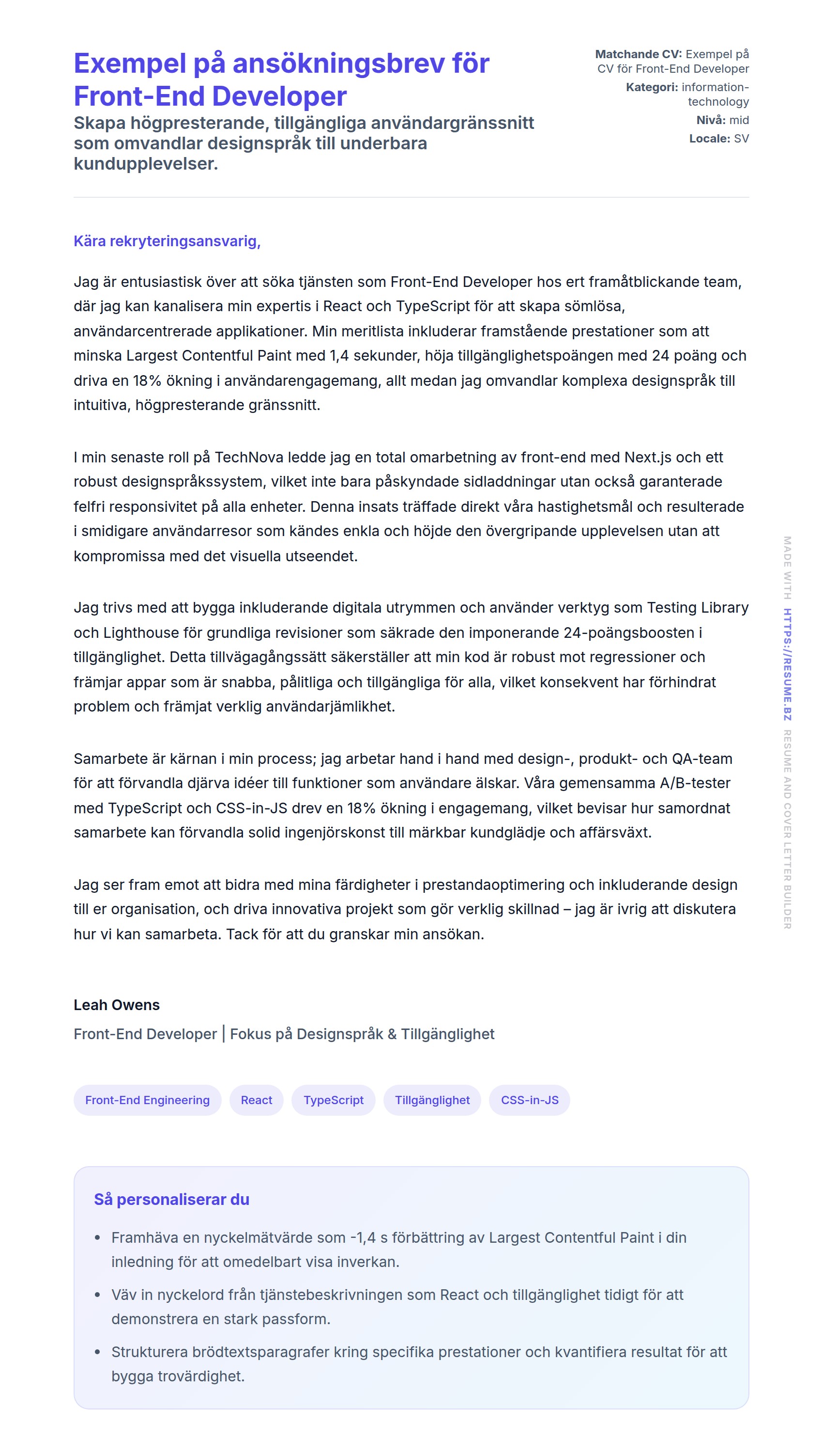 Förhandsgranskning av motivationsbrev för Exempel på ansökningsbrev för Front-End Developer