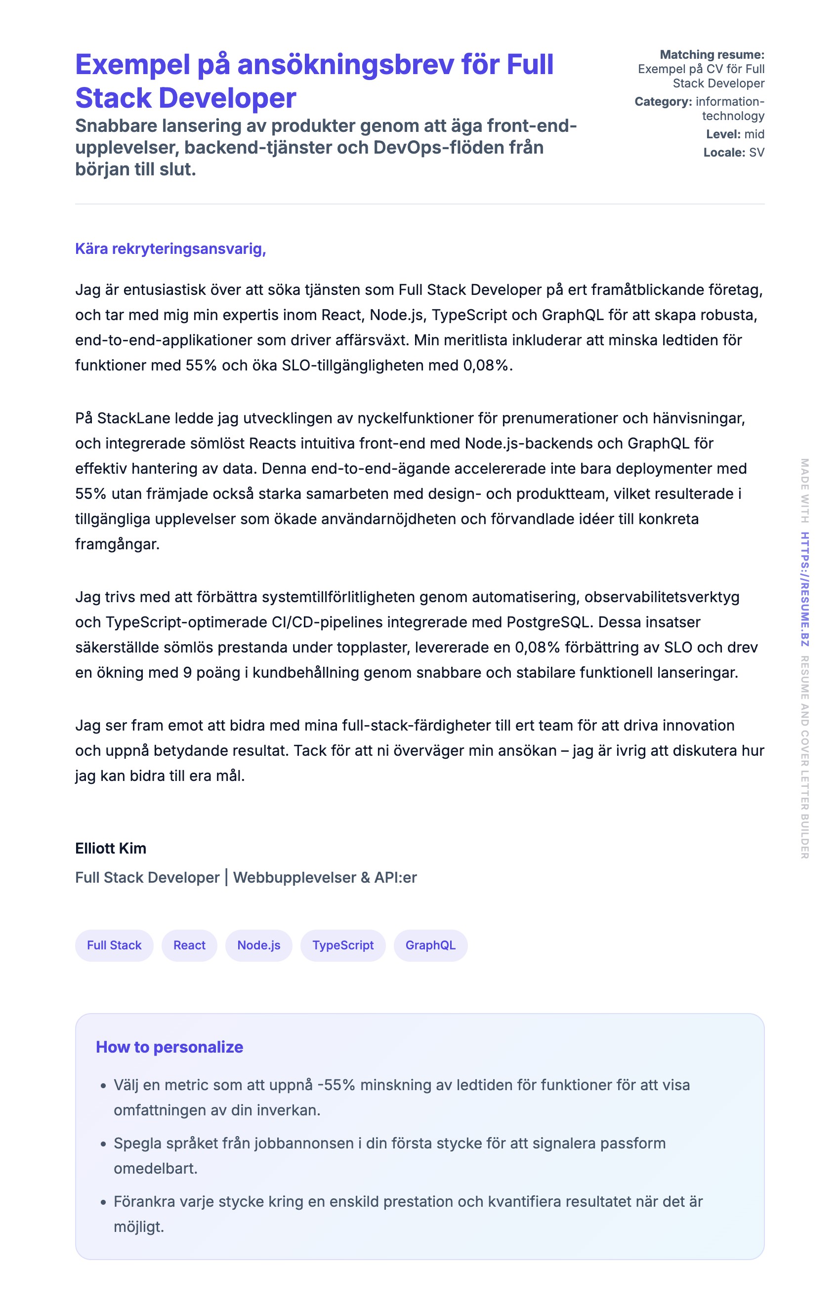 Förhandsgranskning av motivationsbrev för Exempel på ansökningsbrev för Full Stack Developer