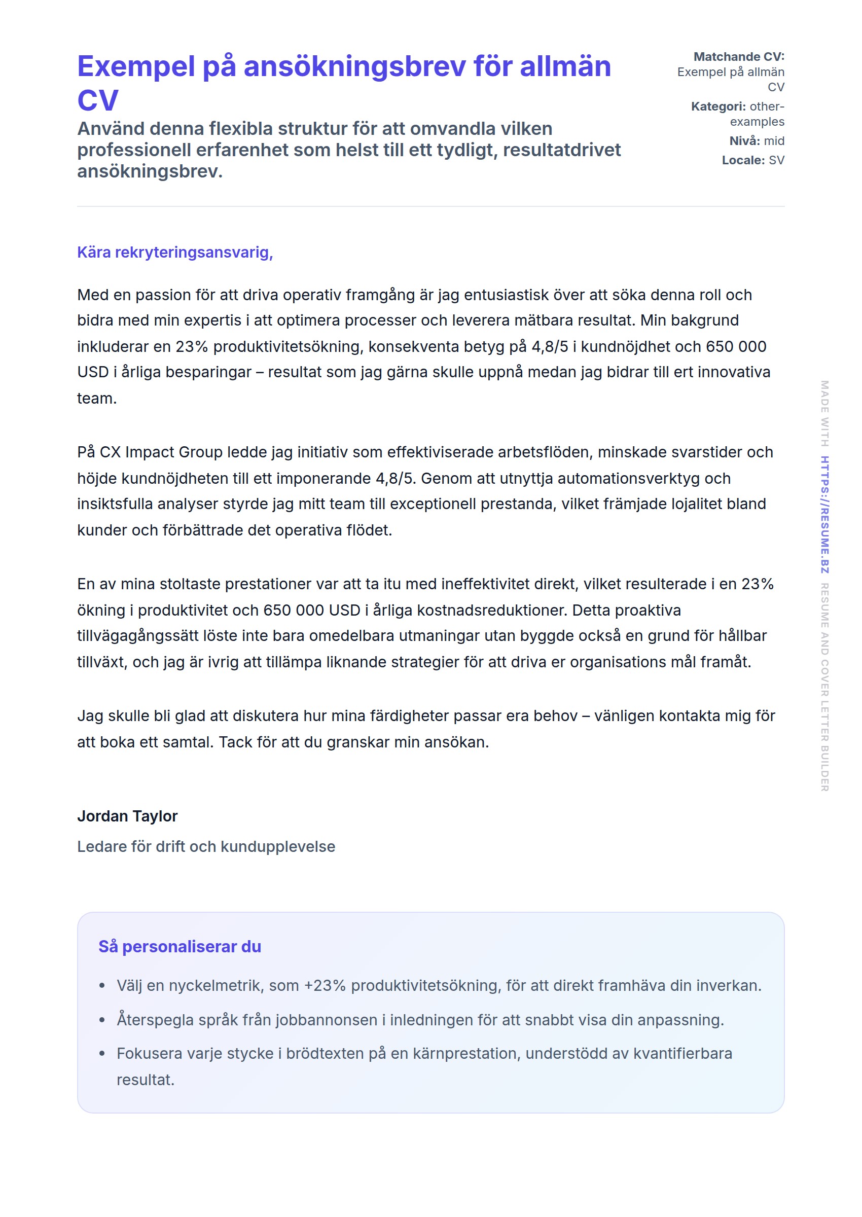 Förhandsgranskning av motivationsbrev för Exempel på ansökningsbrev för allmän CV