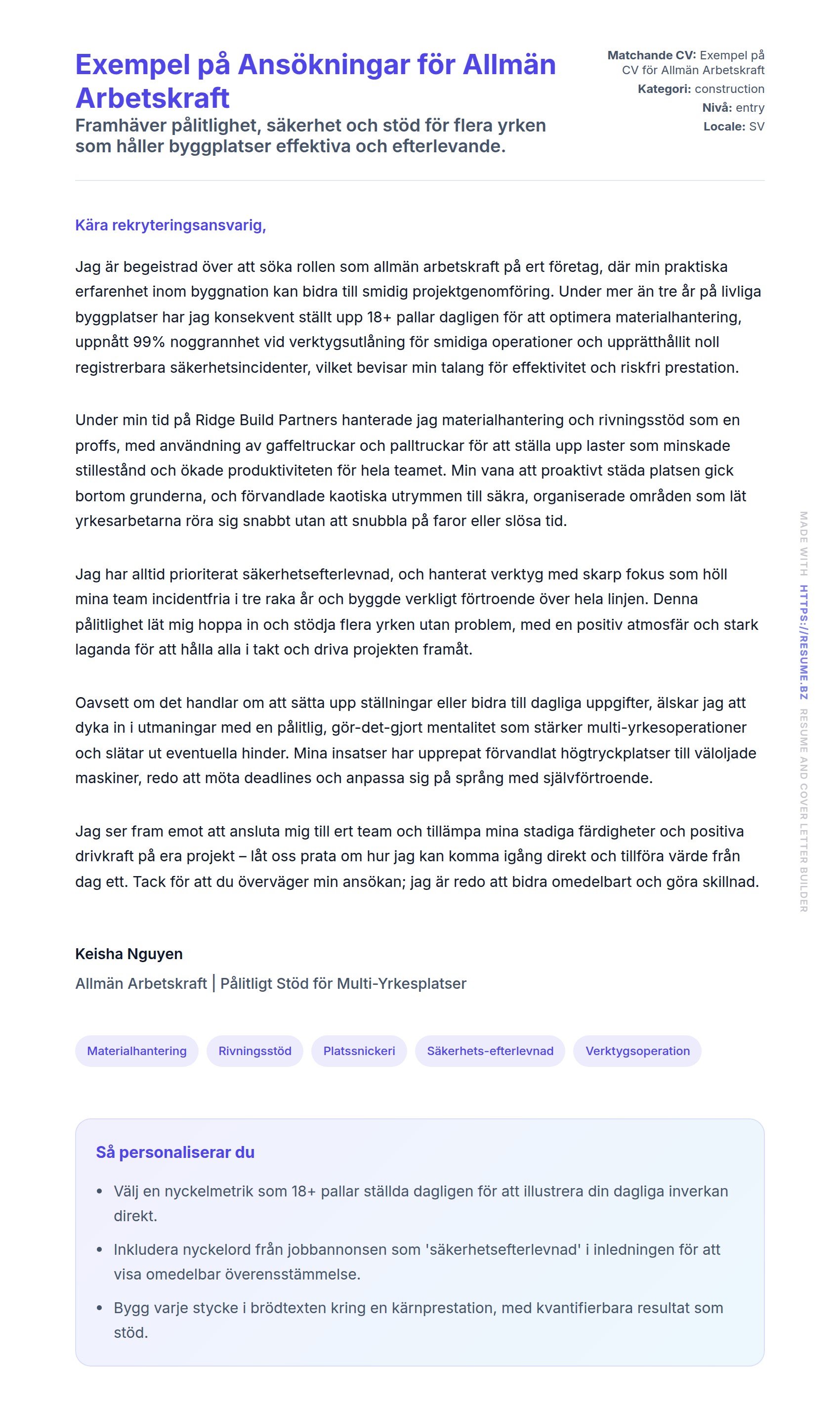 Förhandsgranskning av motivationsbrev för Exempel på Ansökningar för Allmän Arbetskraft