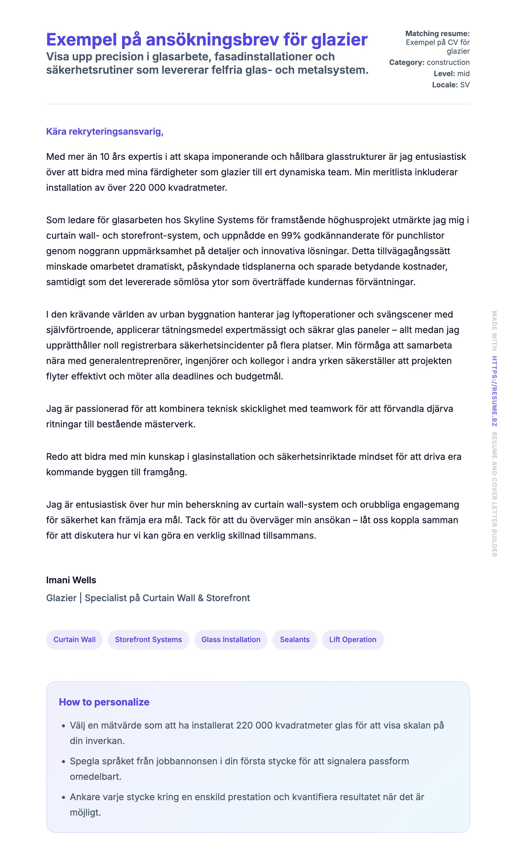 Förhandsgranskning av motivationsbrev för Exempel på ansökningsbrev för glazier