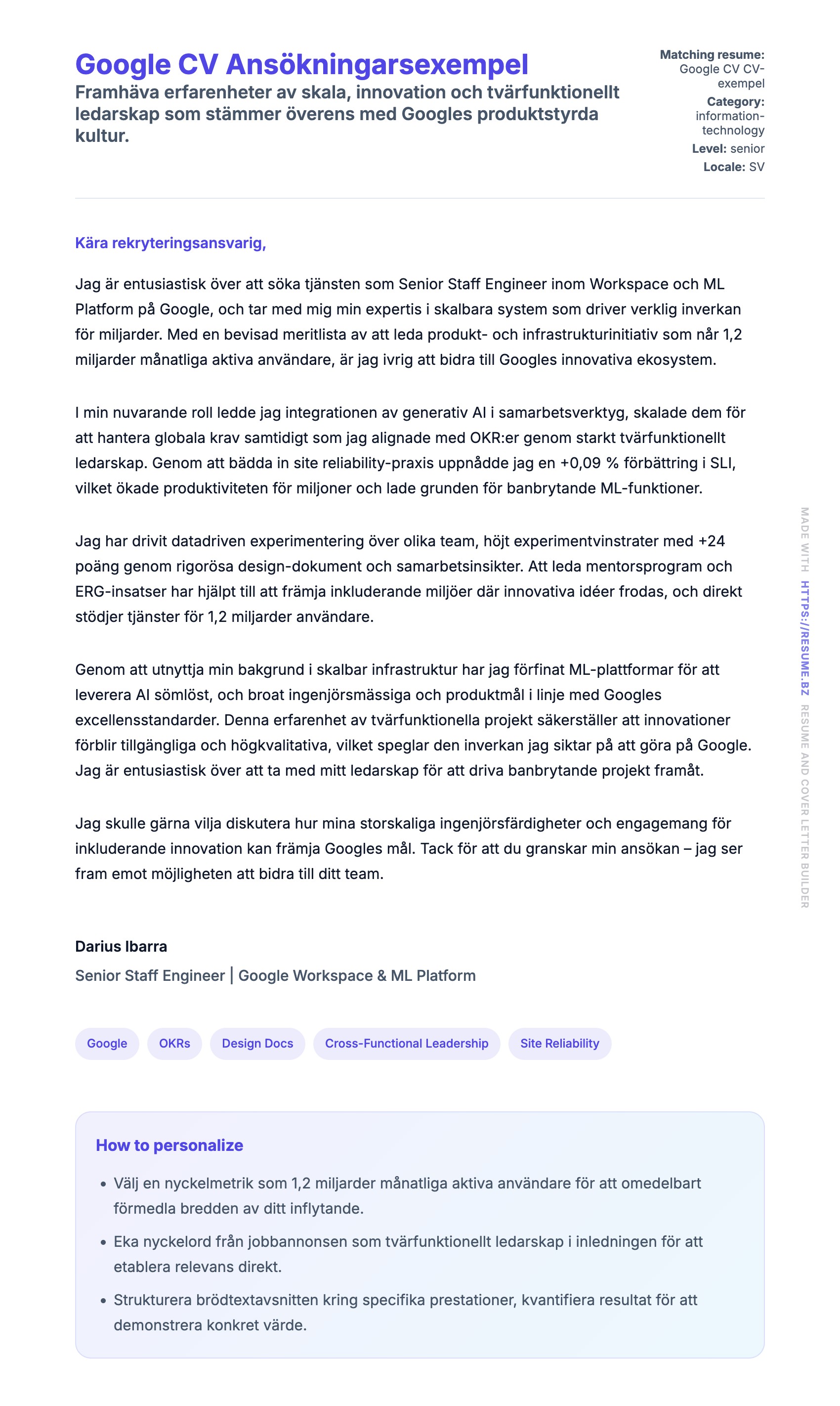 Förhandsgranskning av motivationsbrev för Google CV Ansökningarsexempel