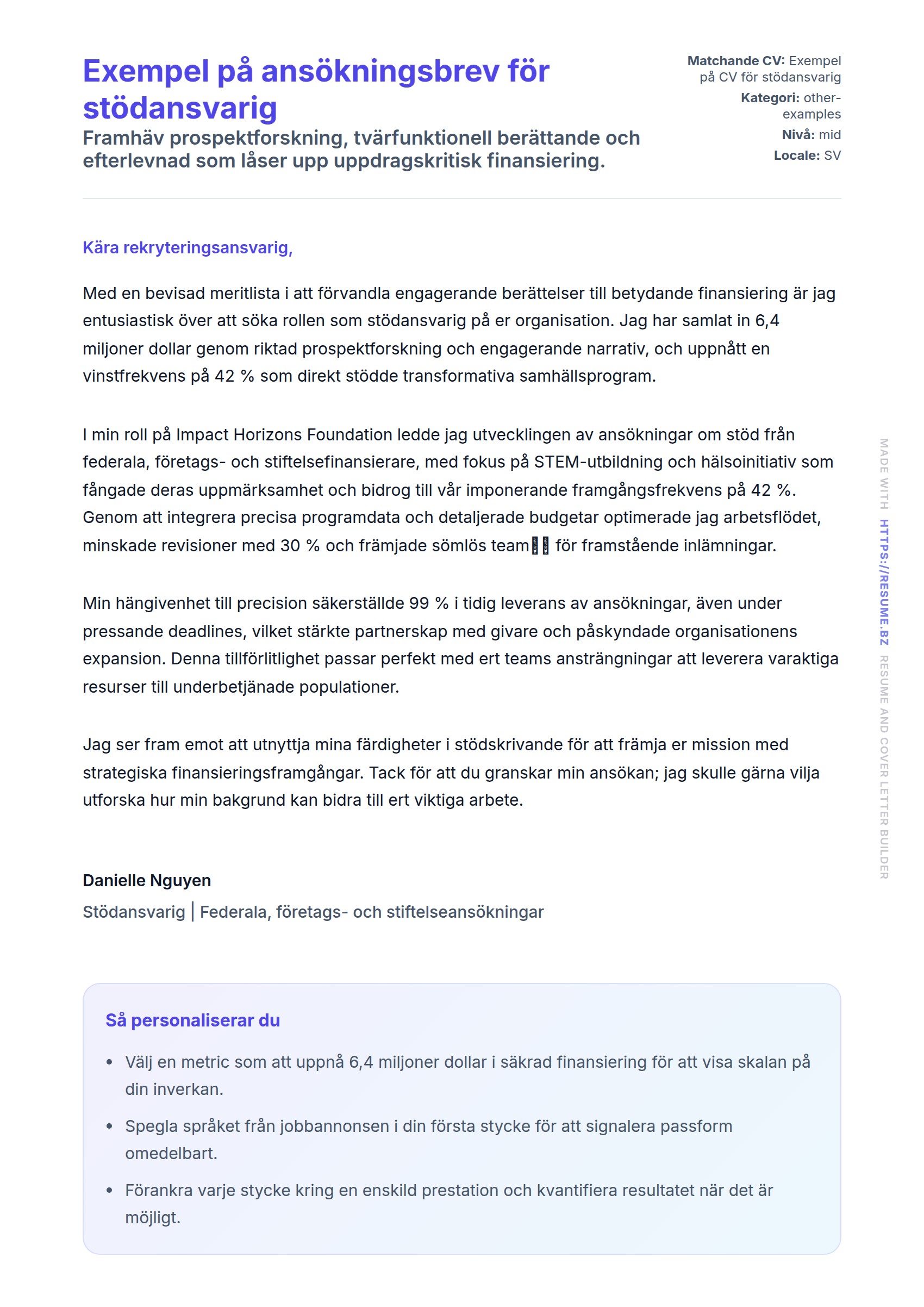 Förhandsgranskning av motivationsbrev för Exempel på ansökningsbrev för stödansvarig
