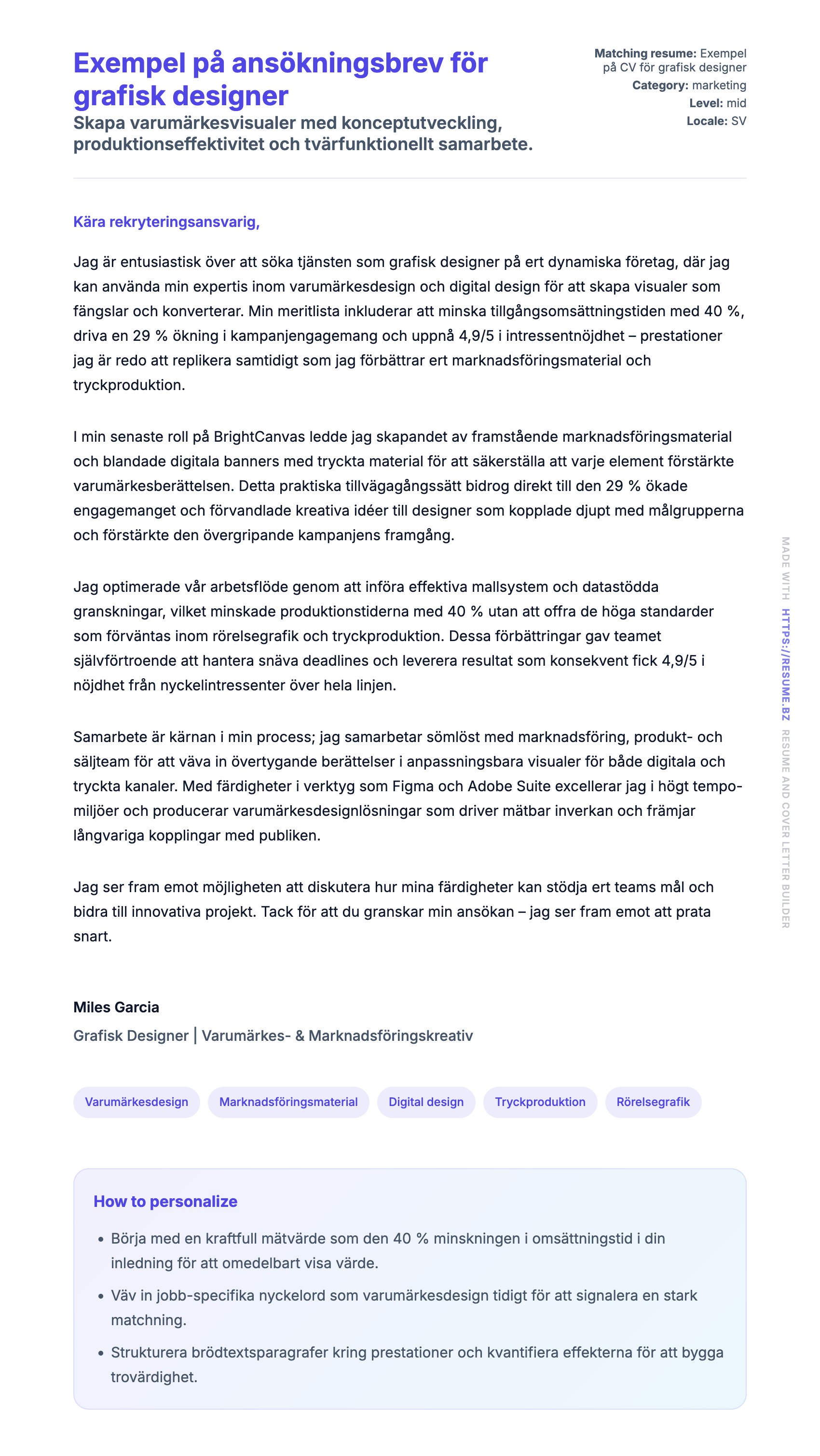 Förhandsgranskning av motivationsbrev för Exempel på ansökningsbrev för grafisk designer