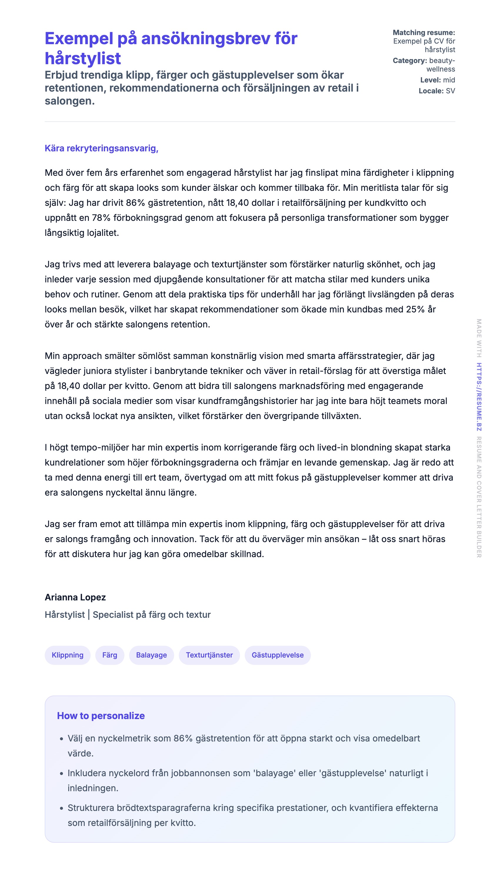 Förhandsgranskning av motivationsbrev för Exempel på ansökningsbrev för hårstylist