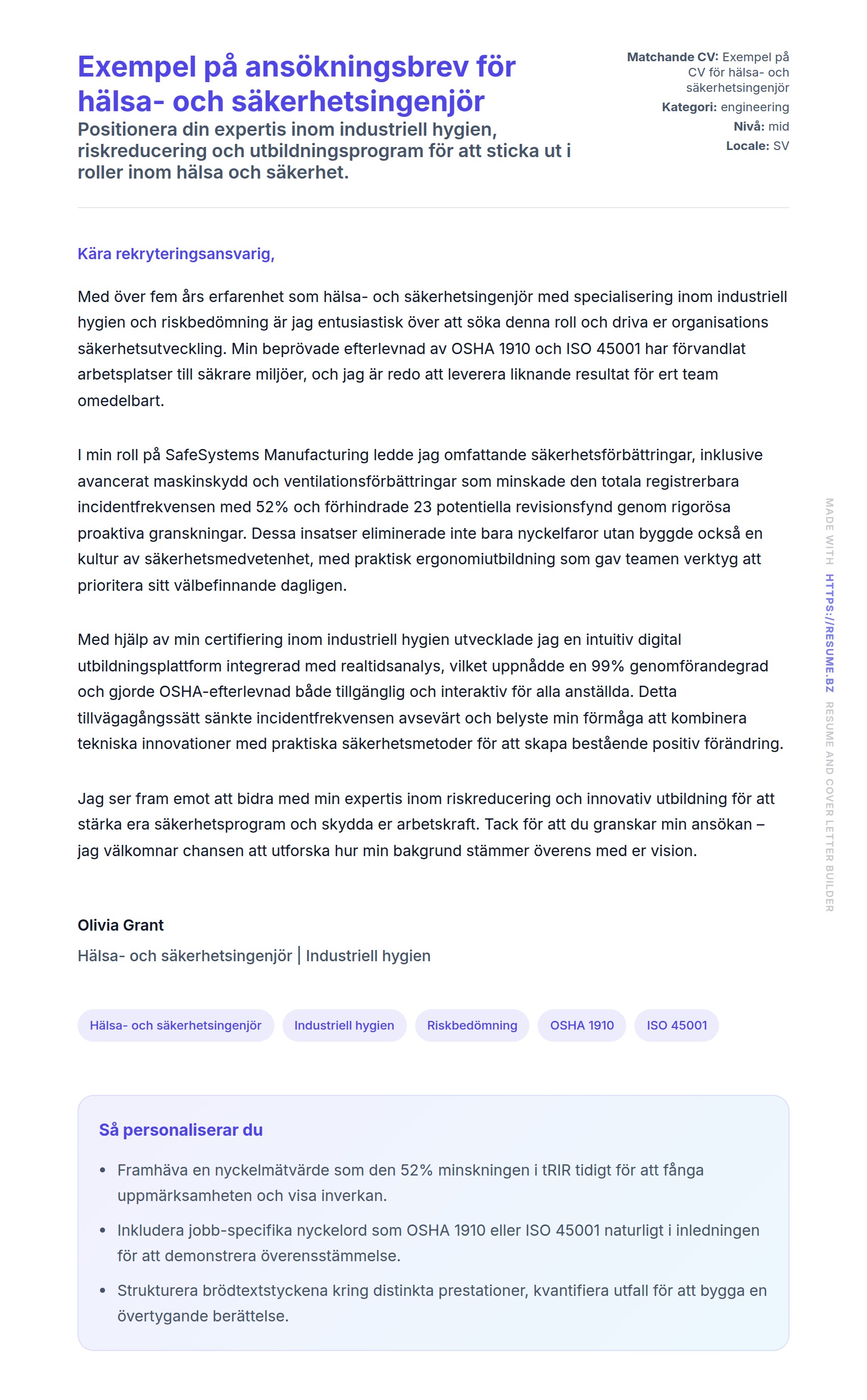 Förhandsgranskning av motivationsbrev för Exempel på ansökningsbrev för hälsa- och säkerhetsingenjör