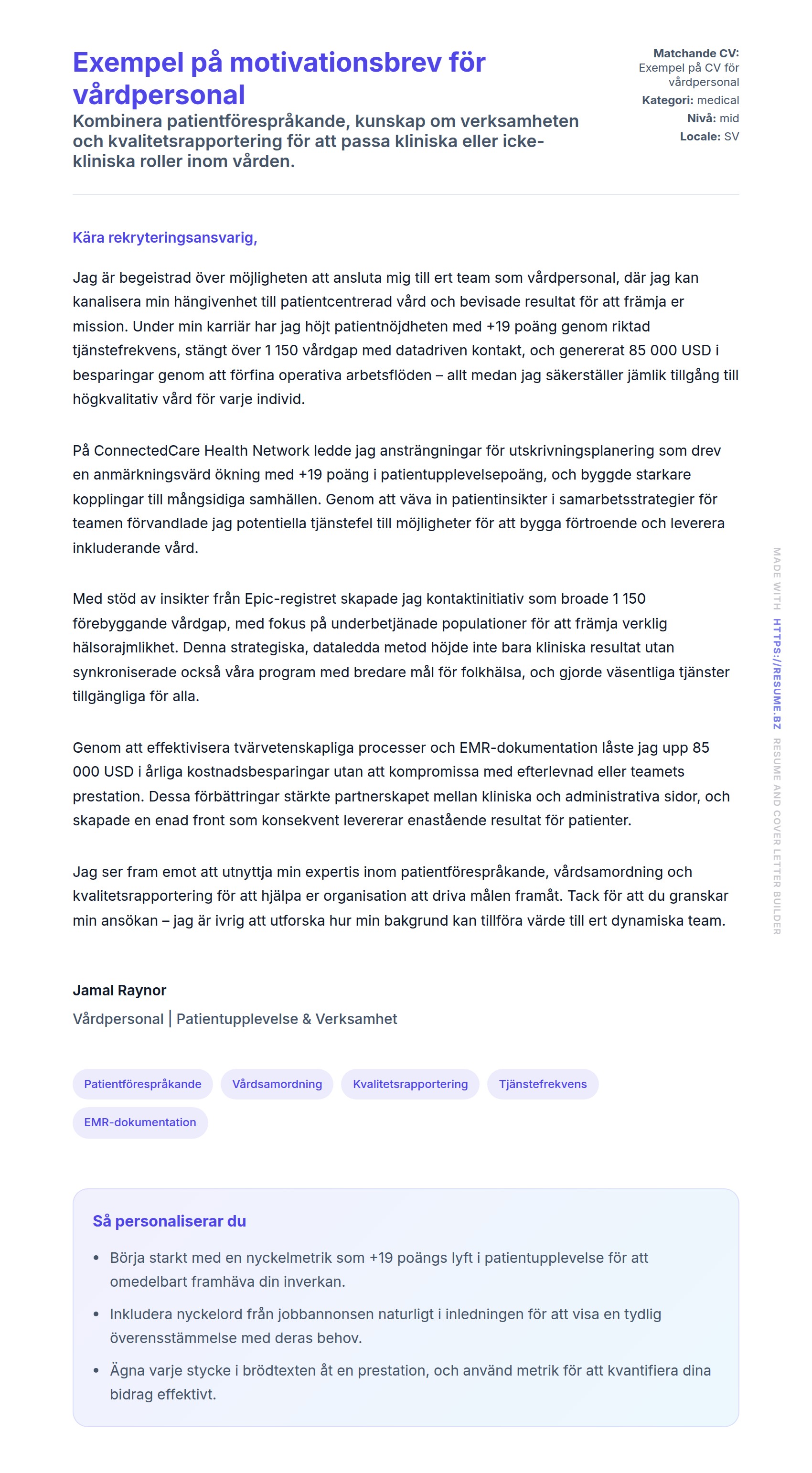 Förhandsgranskning av motivationsbrev för Exempel på motivationsbrev för vårdpersonal
