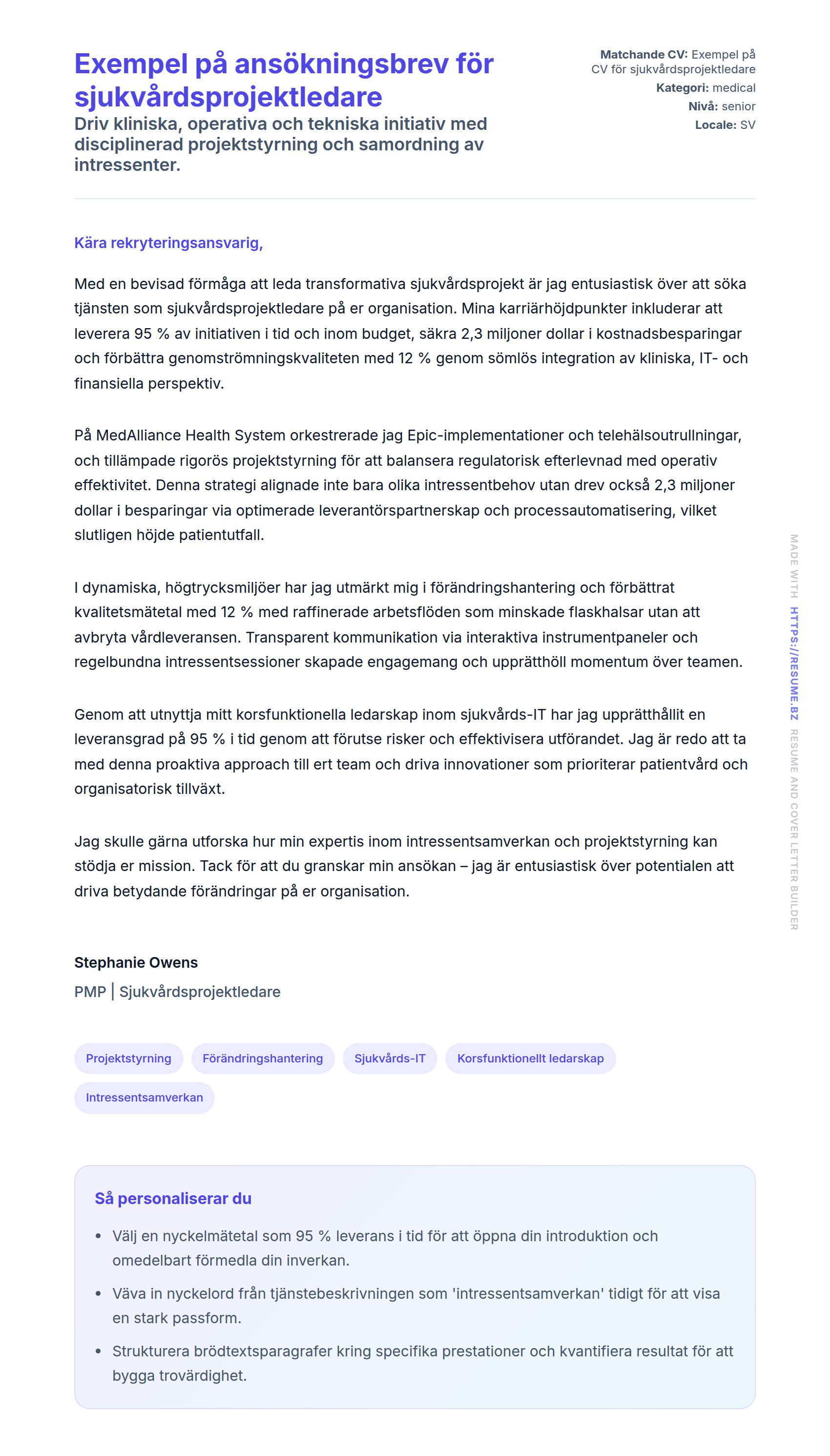 Förhandsgranskning av motivationsbrev för Exempel på ansökningsbrev för sjukvårdsprojektledare
