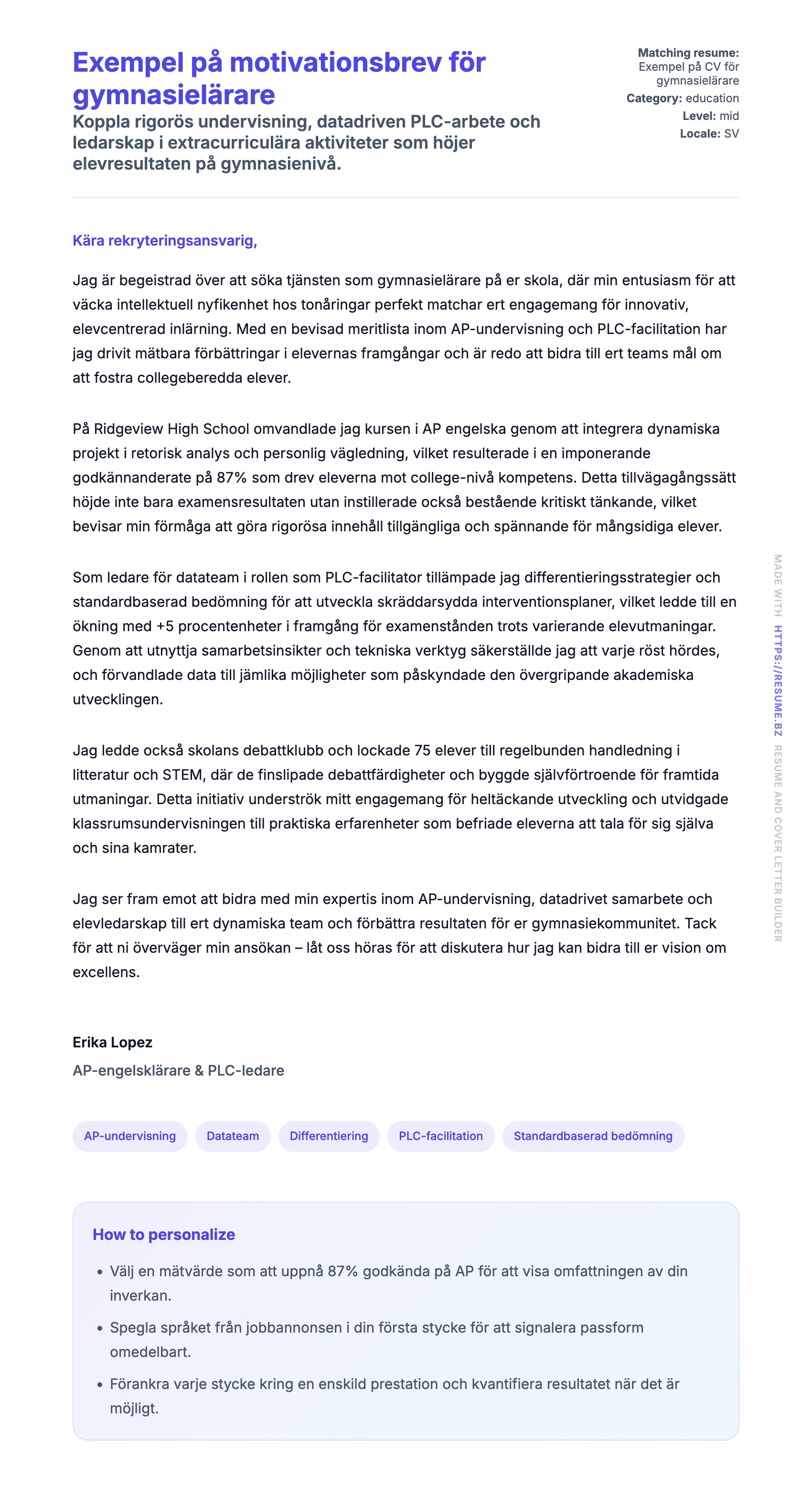 Förhandsgranskning av motivationsbrev för Exempel på motivationsbrev för gymnasielärare