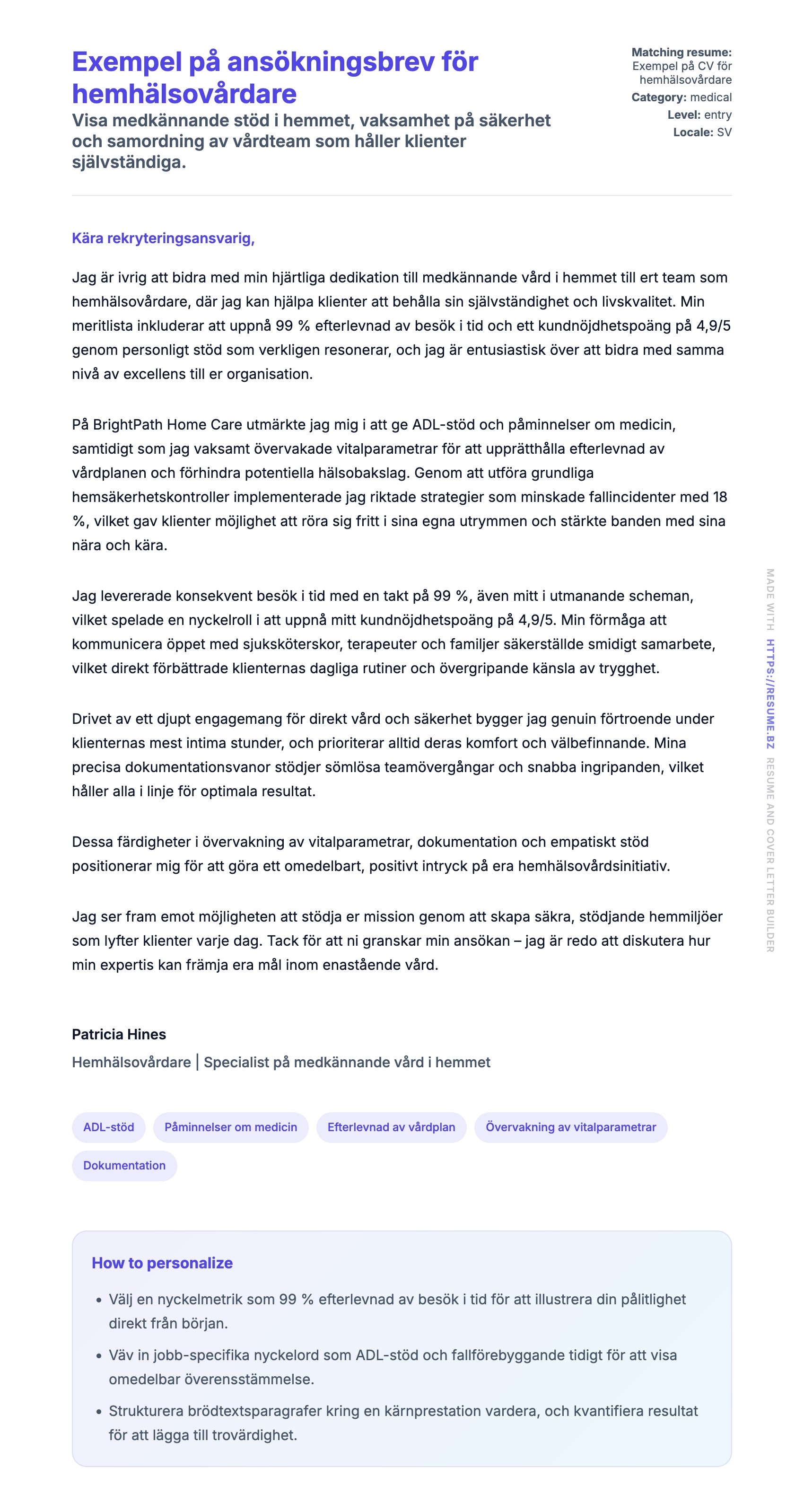 Förhandsgranskning av motivationsbrev för Exempel på ansökningsbrev för hemhälsovårdare