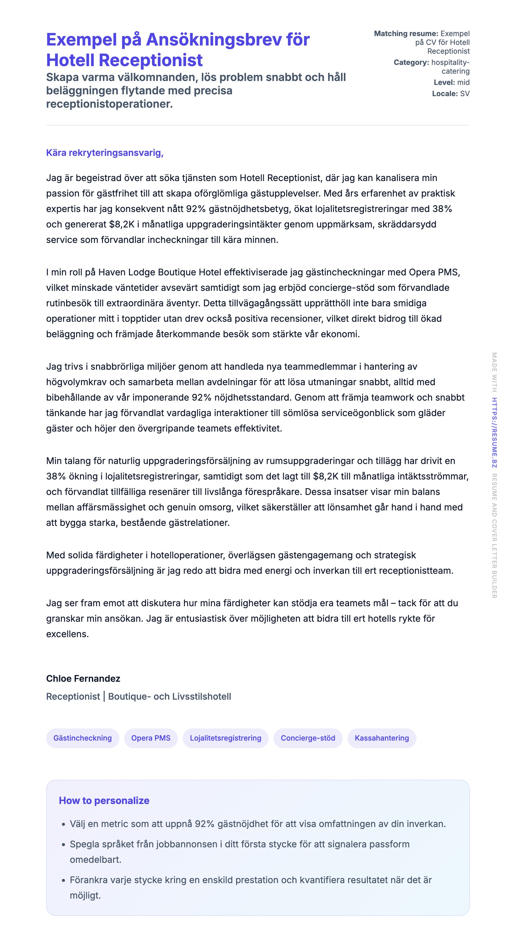 Förhandsgranskning av motivationsbrev för Exempel på Ansökningsbrev för Hotell Receptionist