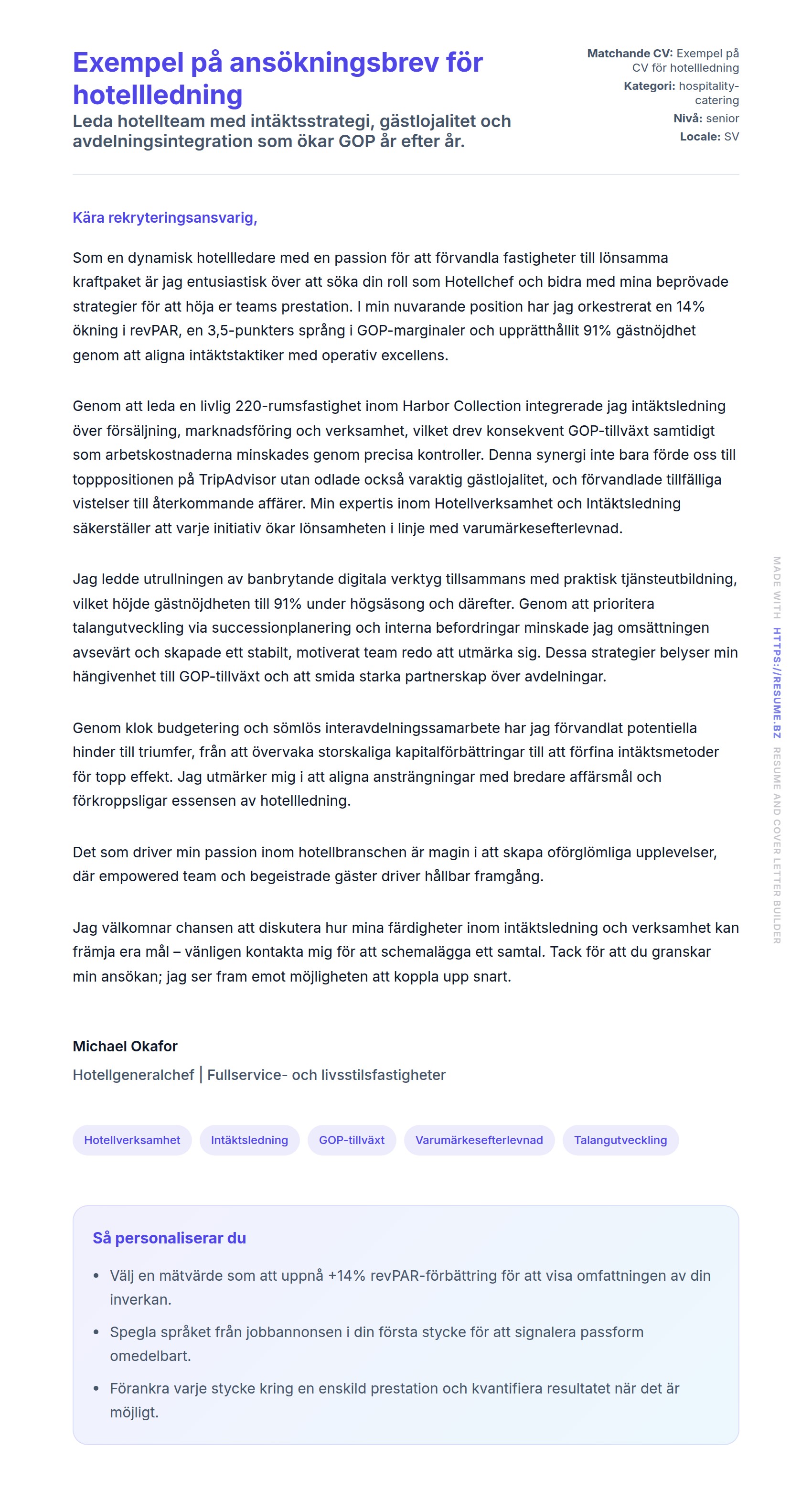 Förhandsgranskning av motivationsbrev för Exempel på ansökningsbrev för hotellledning