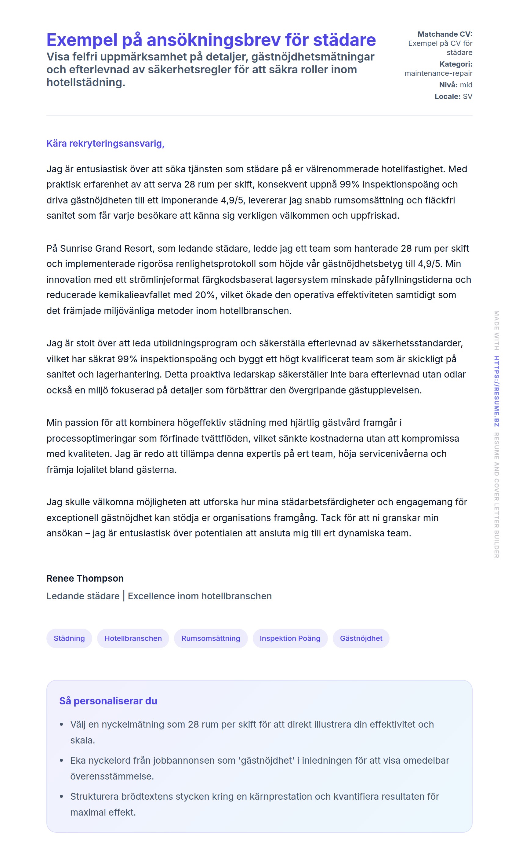 Förhandsgranskning av motivationsbrev för Exempel på ansökningsbrev för städare