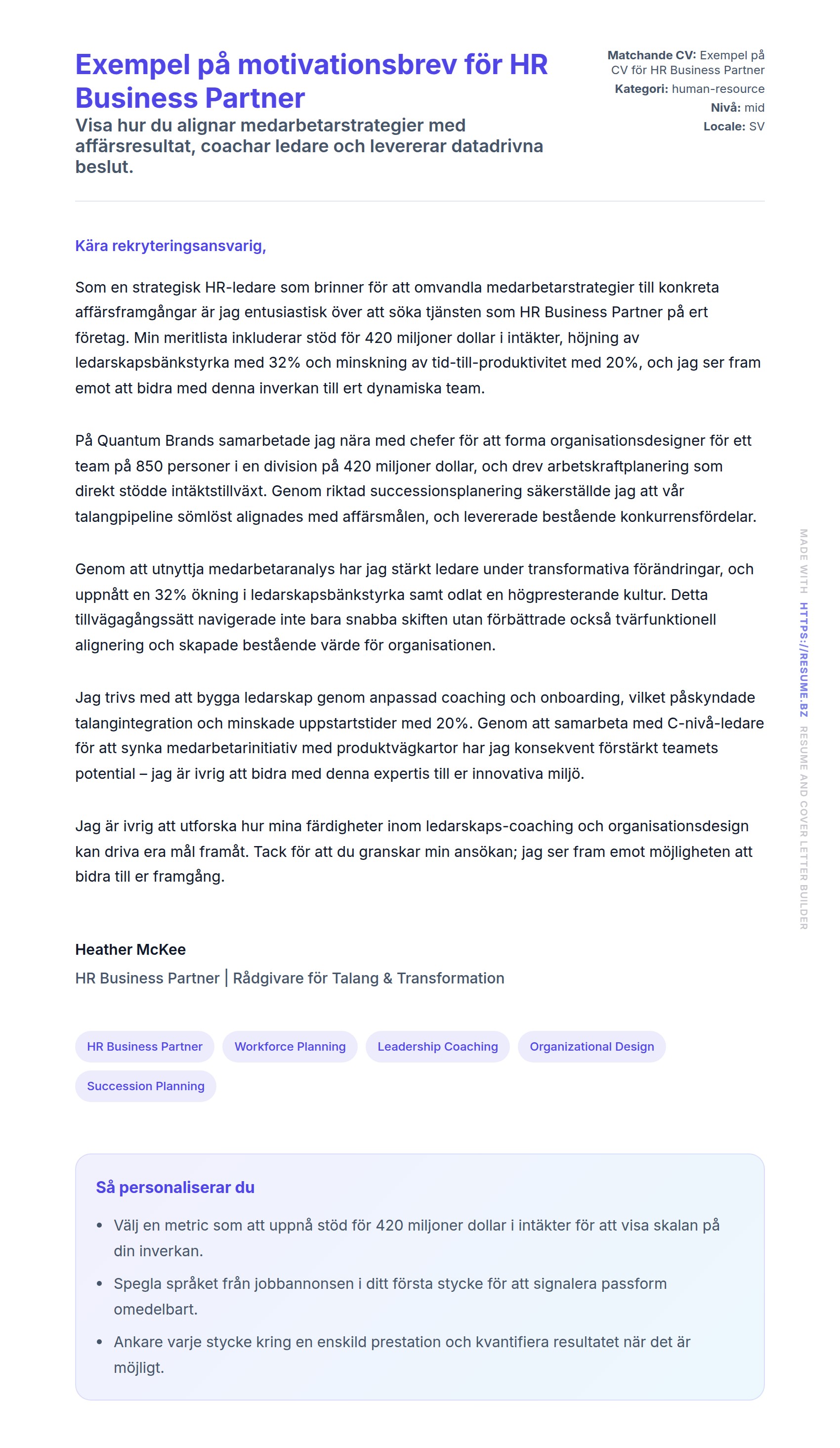 Förhandsgranskning av motivationsbrev för Exempel på motivationsbrev för HR Business Partner