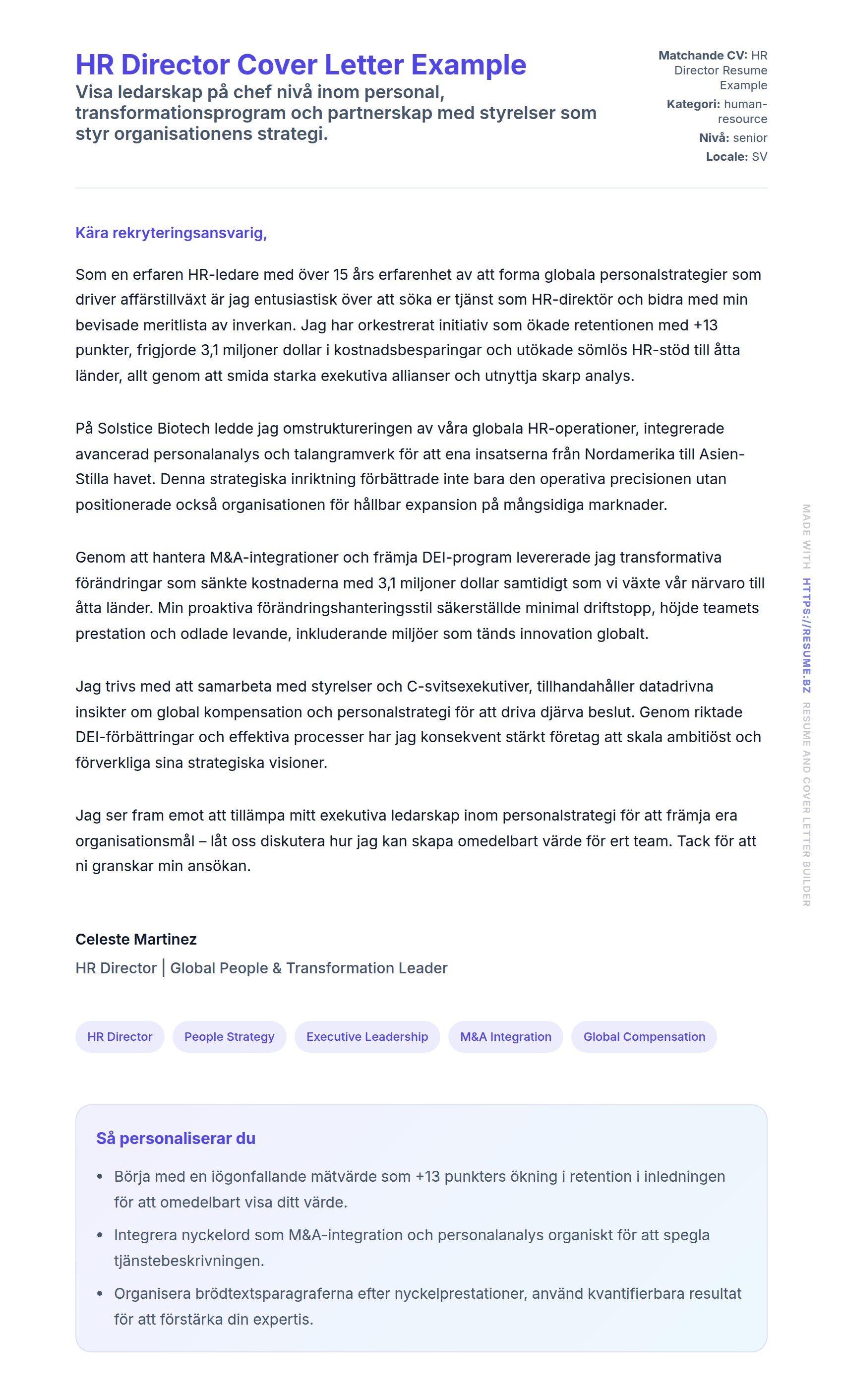 Förhandsgranskning av motivationsbrev för HR Director Cover Letter Example