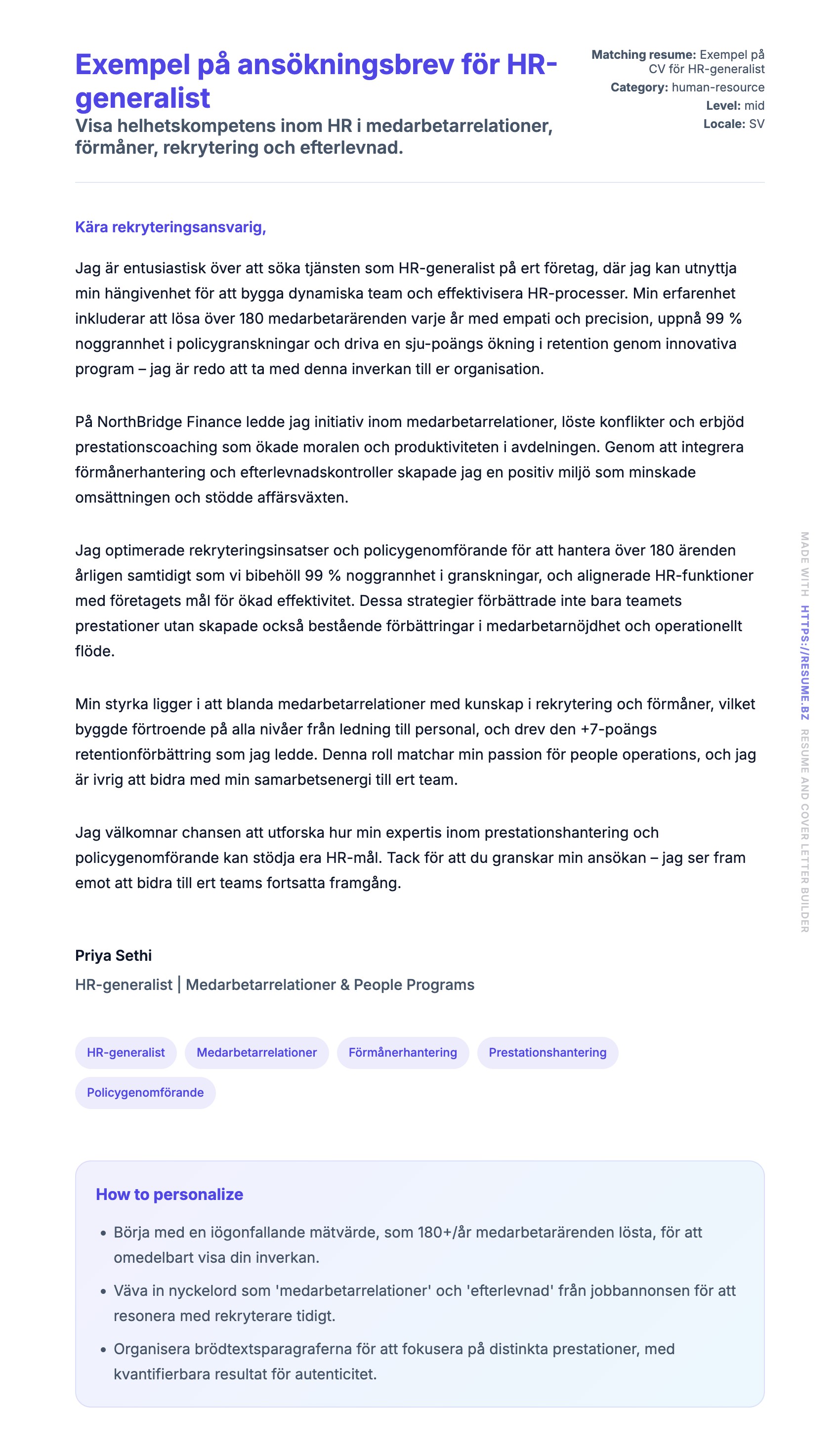 Förhandsgranskning av motivationsbrev för Exempel på ansökningsbrev för HR-generalist