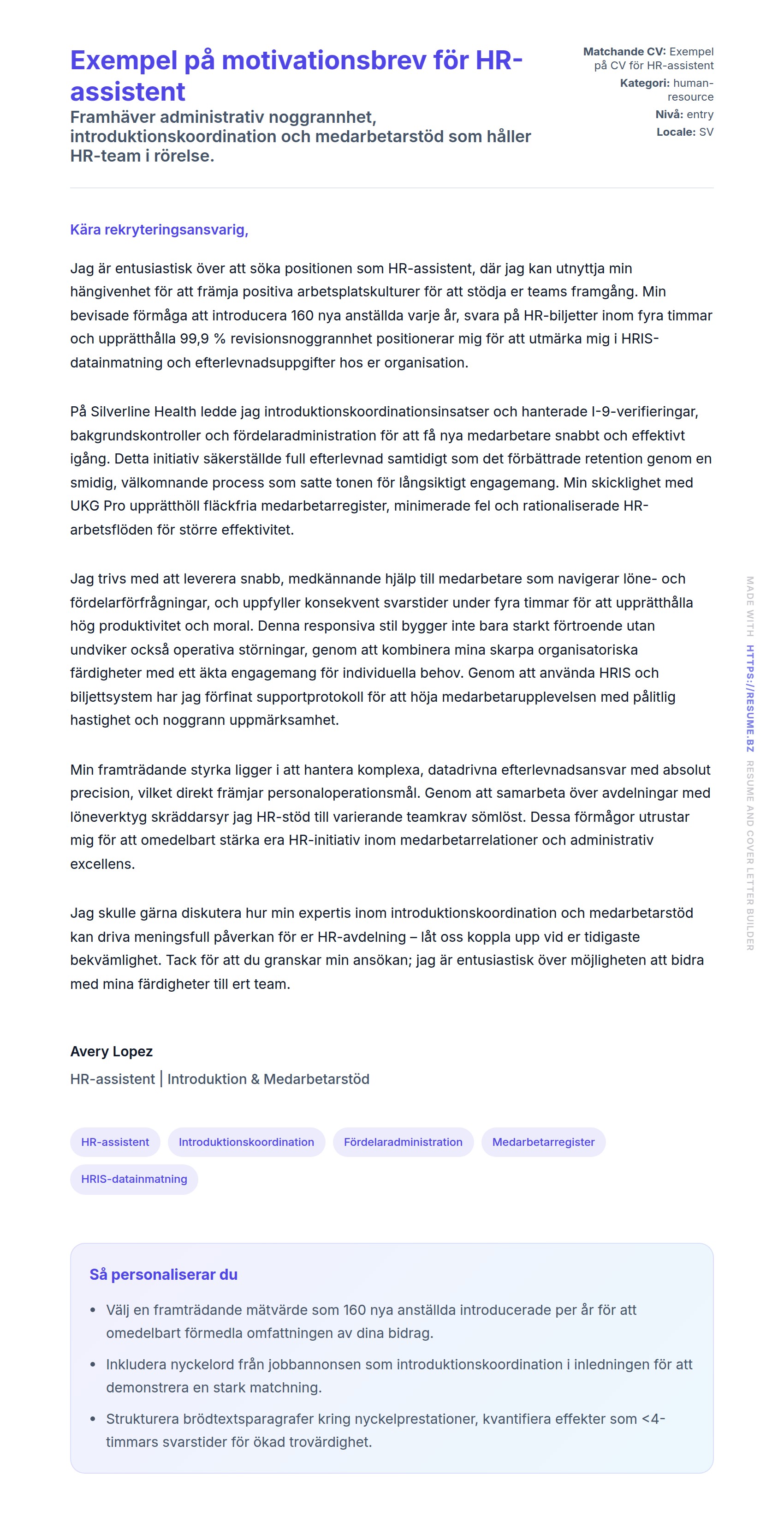 Förhandsgranskning av motivationsbrev för Exempel på motivationsbrev för HR-assistent