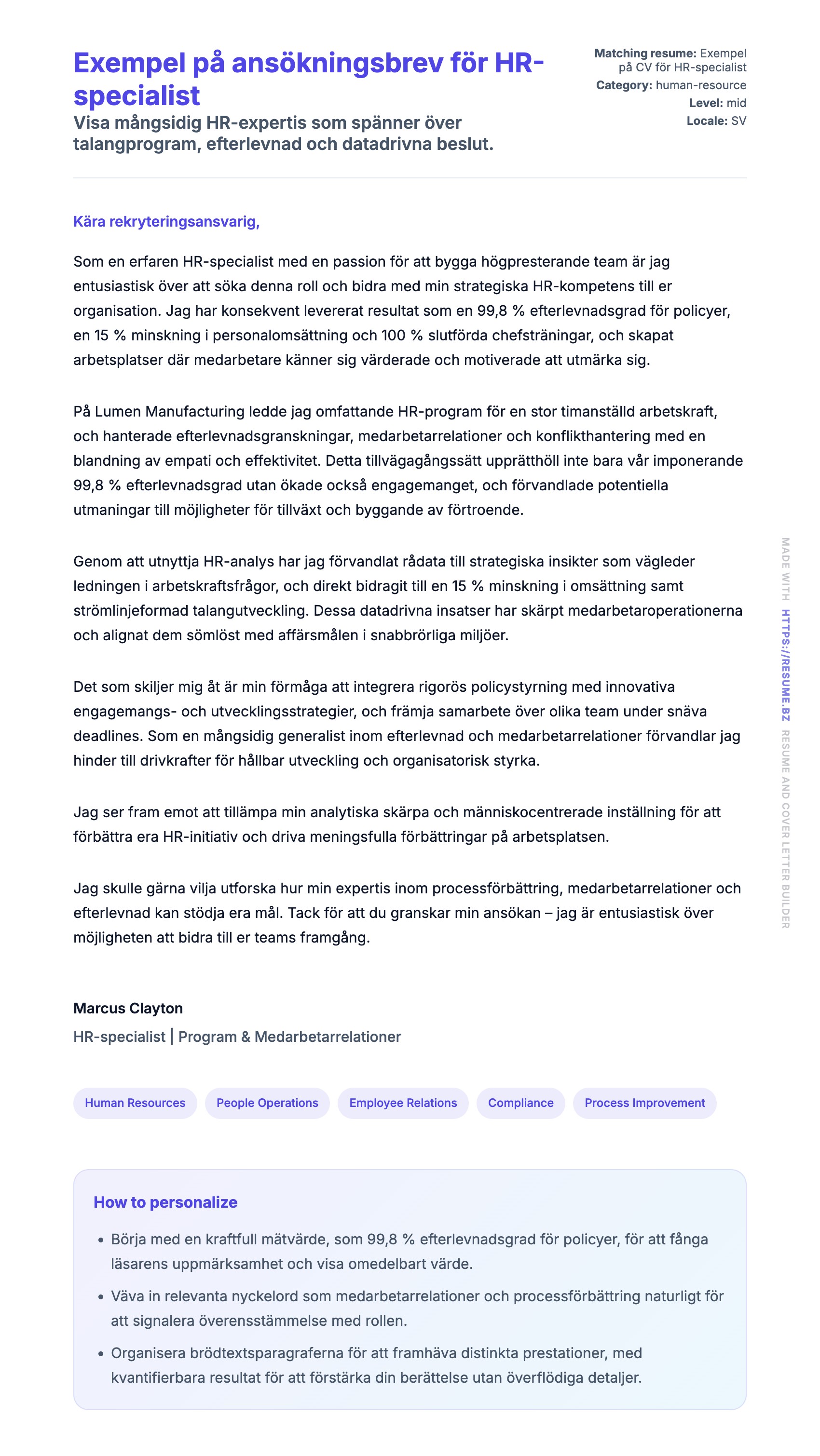 Förhandsgranskning av motivationsbrev för Exempel på ansökningsbrev för HR-specialist