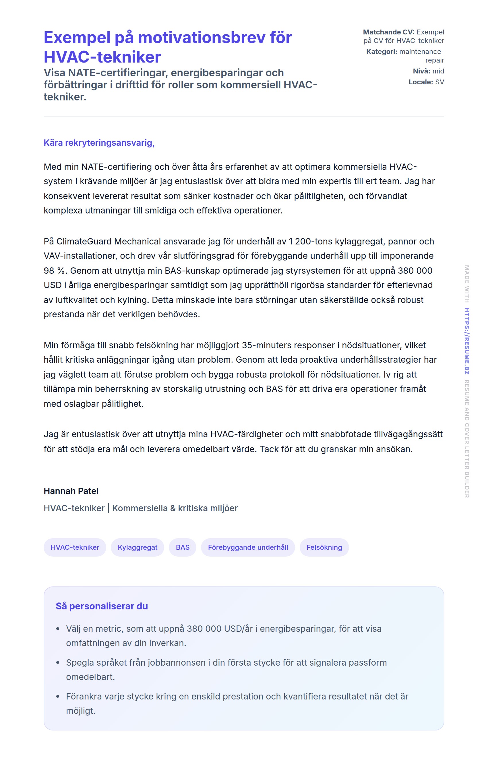Förhandsgranskning av motivationsbrev för Exempel på motivationsbrev för HVAC-tekniker