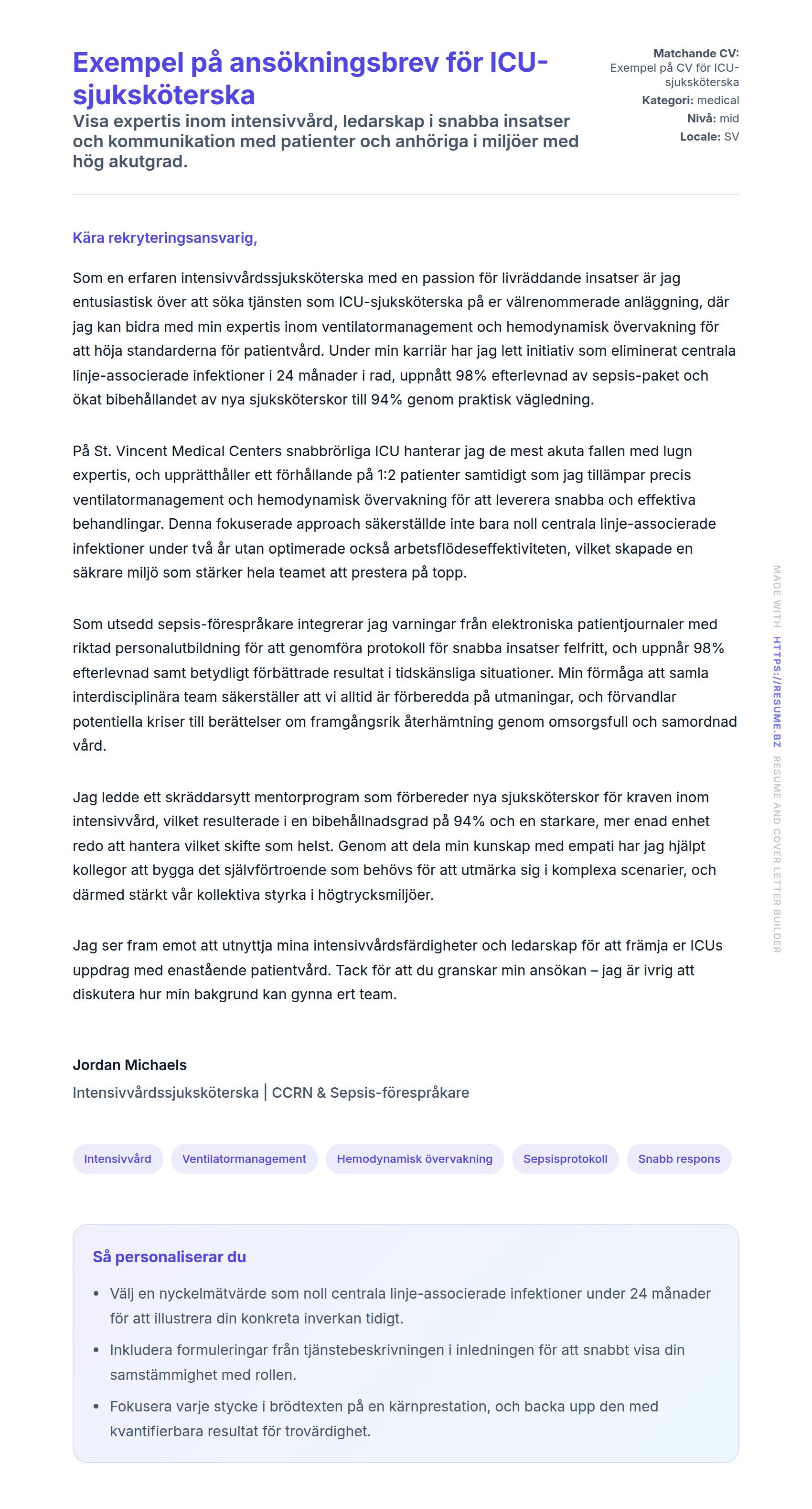 Förhandsgranskning av motivationsbrev för Exempel på ansökningsbrev för ICU-sjuksköterska