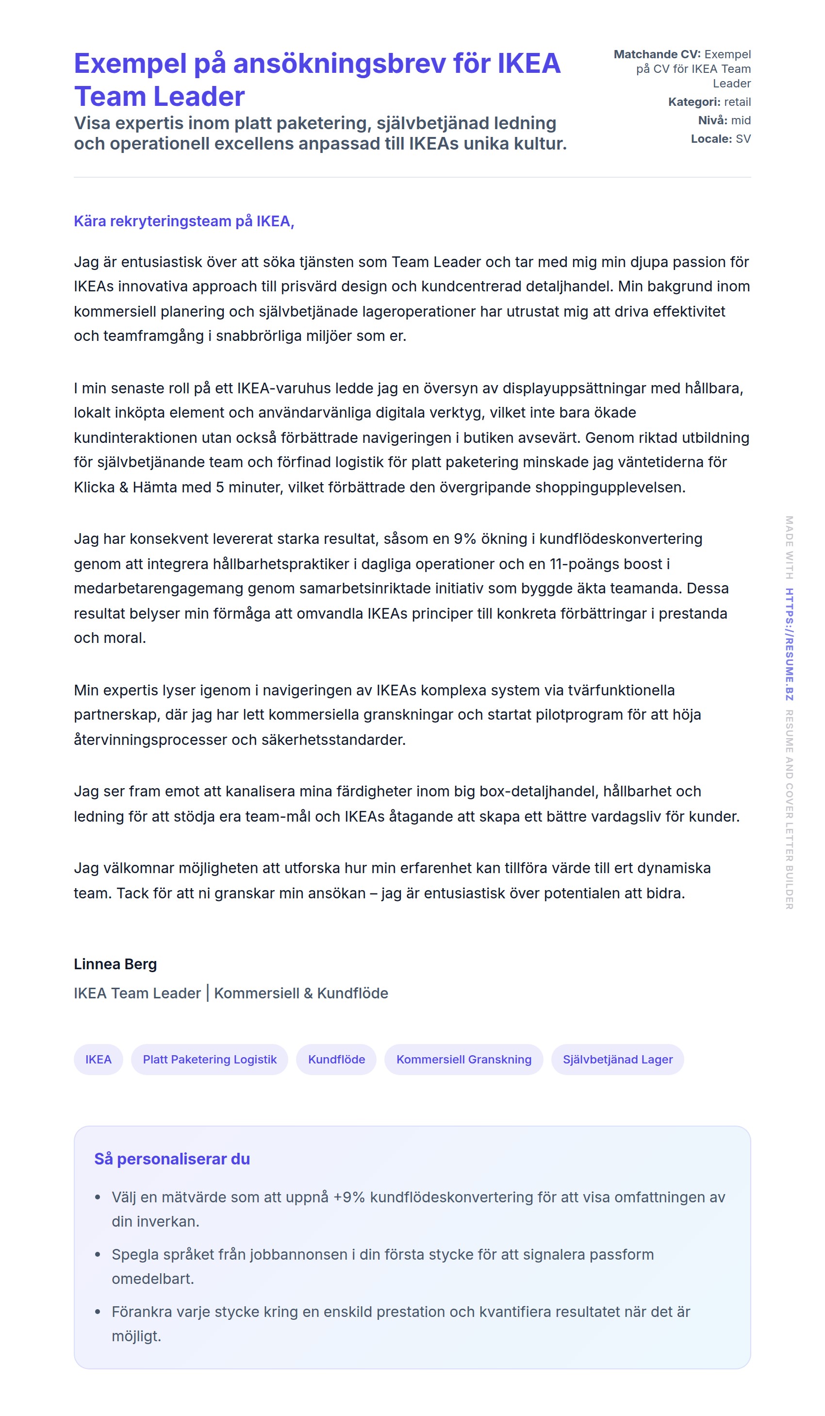 Förhandsgranskning av motivationsbrev för Exempel på ansökningsbrev för IKEA Team Leader