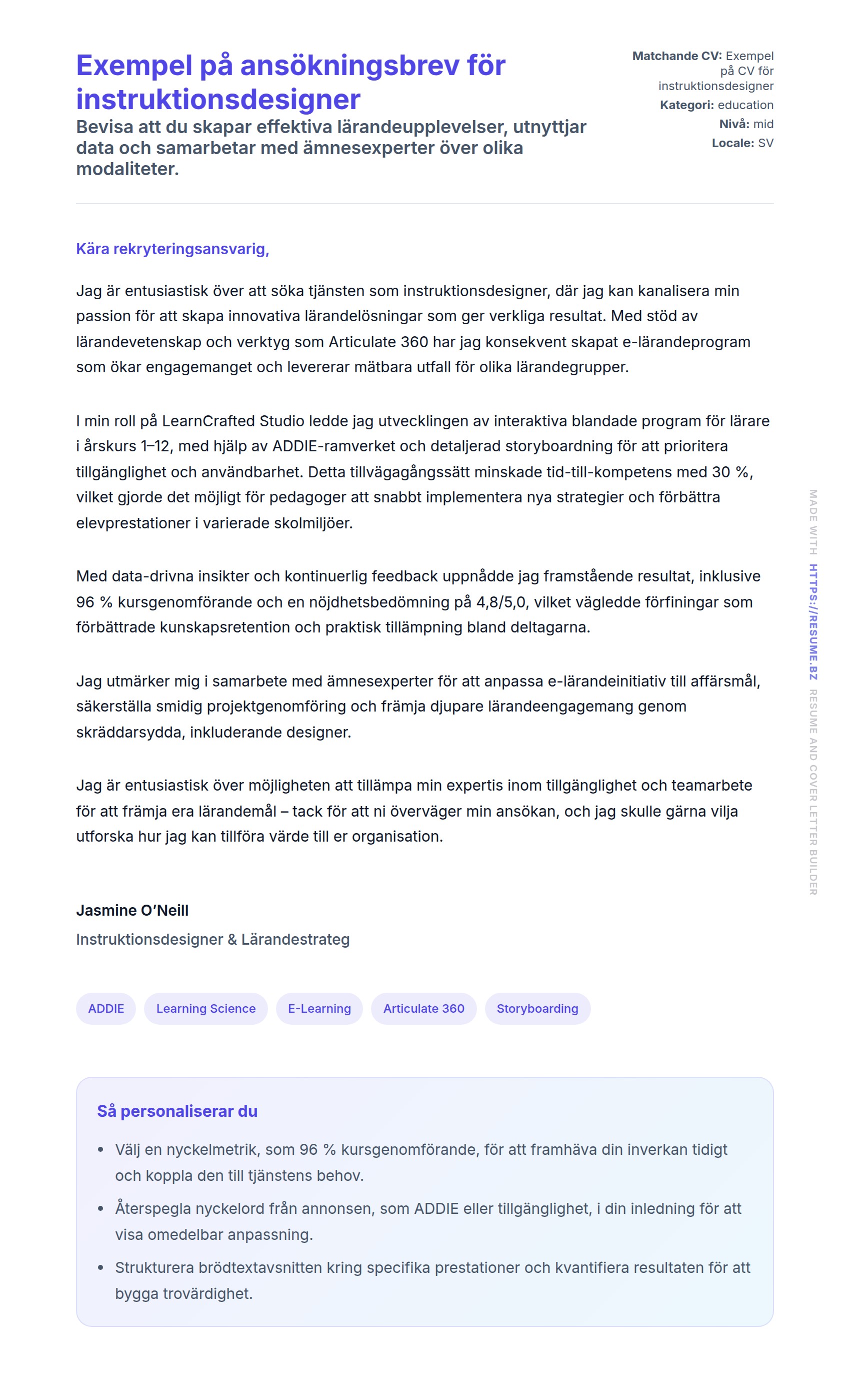 Förhandsgranskning av motivationsbrev för Exempel på ansökningsbrev för instruktionsdesigner