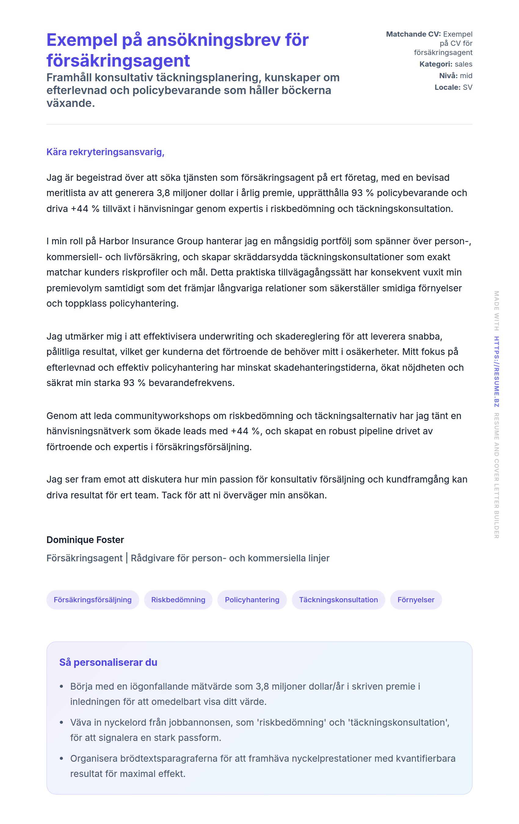 Förhandsgranskning av motivationsbrev för Exempel på ansökningsbrev för försäkringsagent