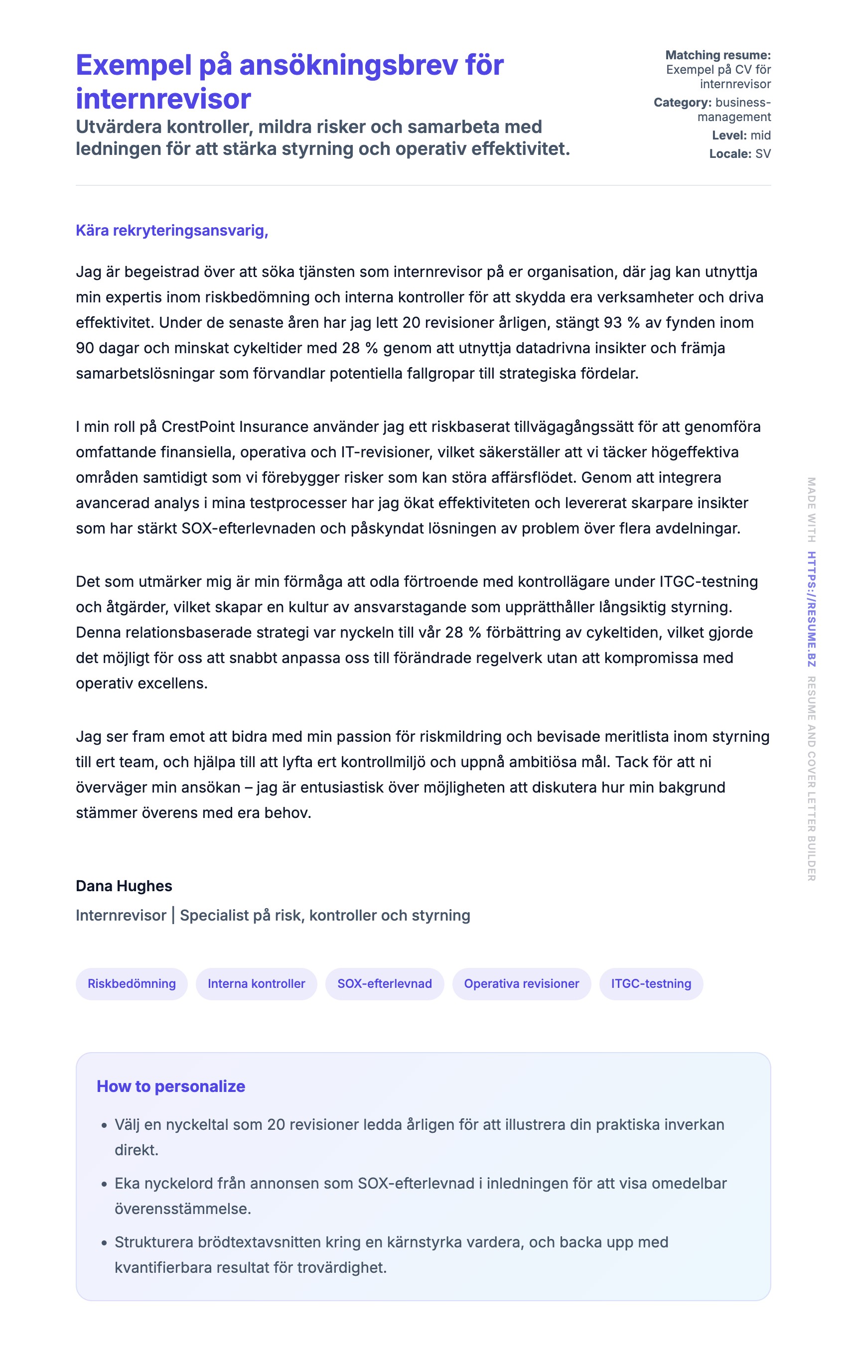 Förhandsgranskning av motivationsbrev för Exempel på ansökningsbrev för internrevisor