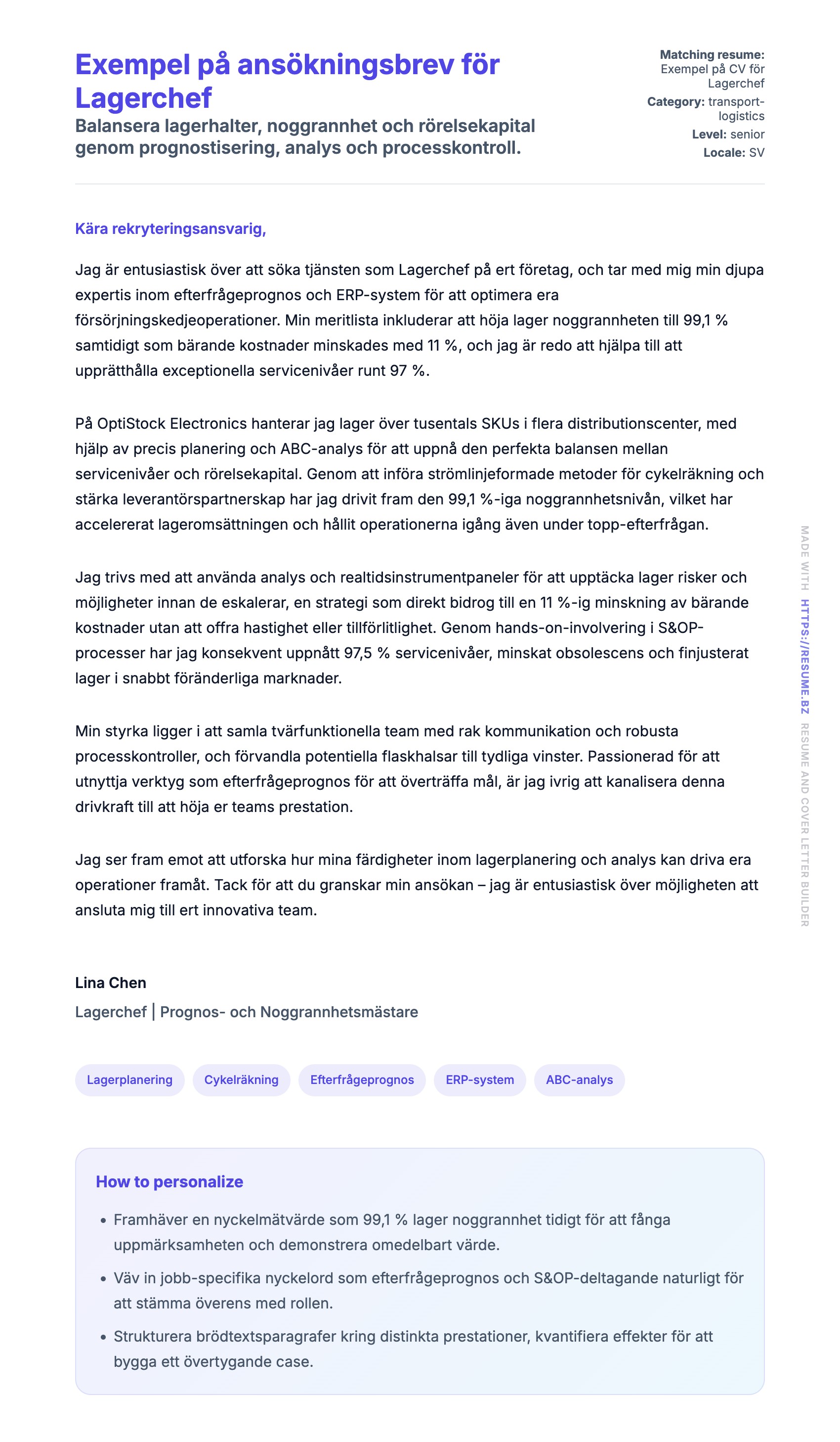 Förhandsgranskning av motivationsbrev för Exempel på ansökningsbrev för Lagerchef