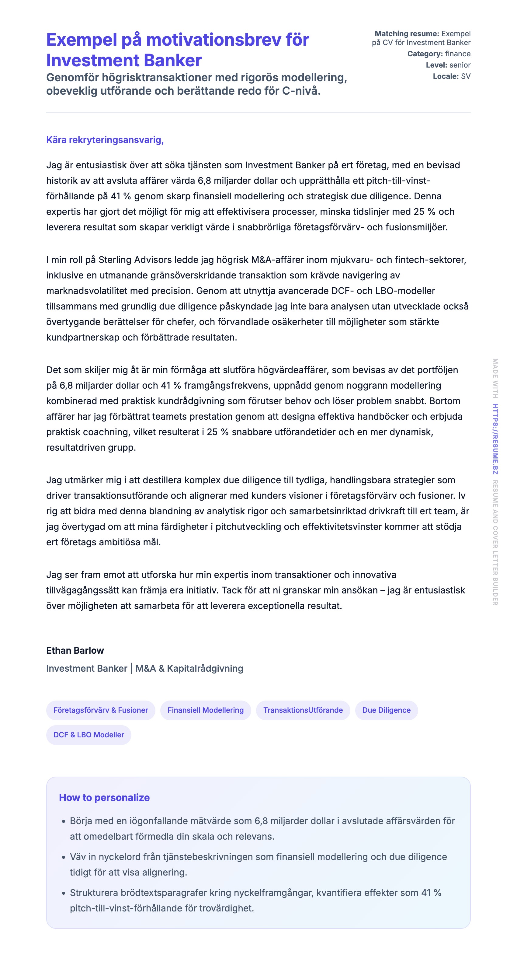 Förhandsgranskning av motivationsbrev för Exempel på motivationsbrev för Investment Banker