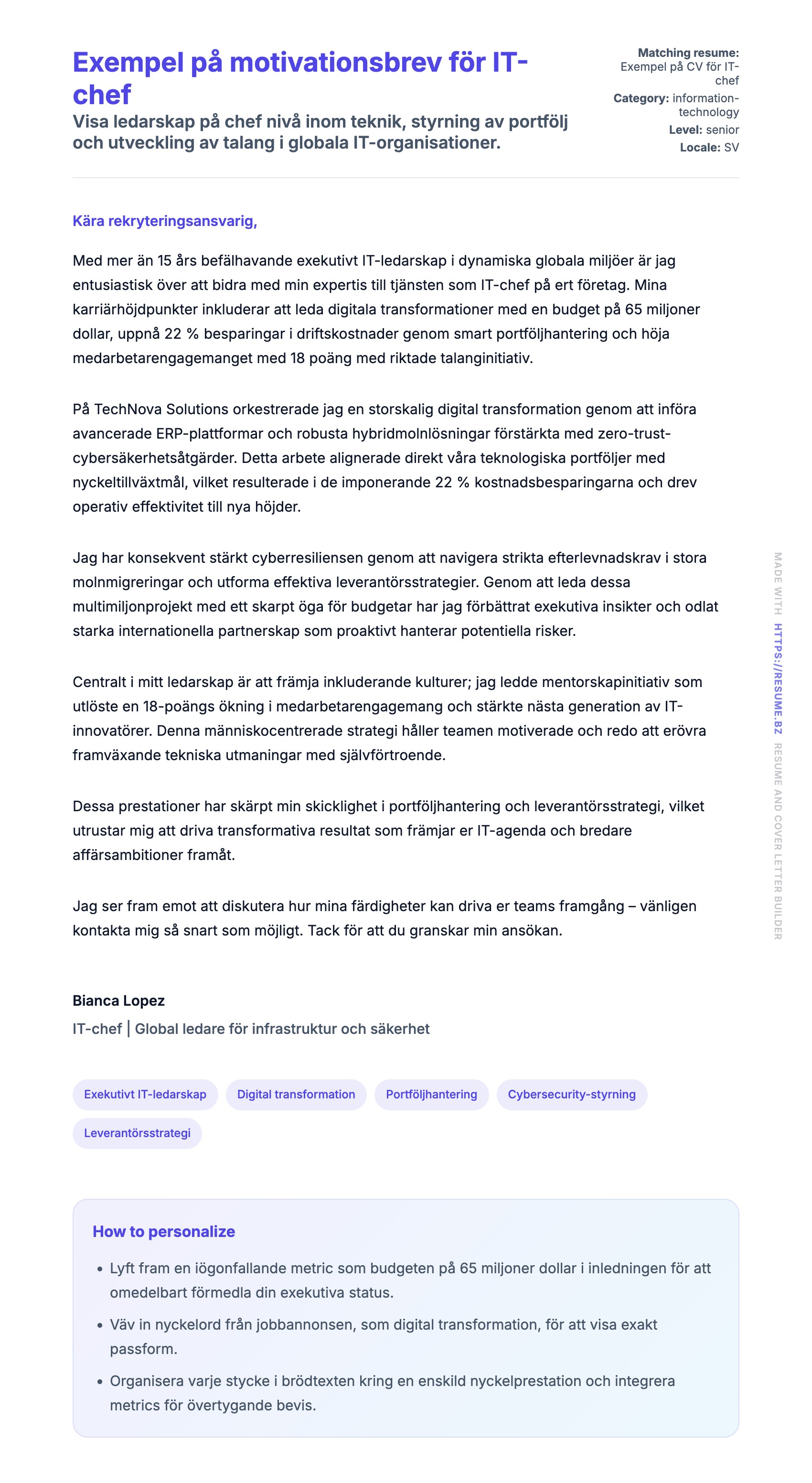 Förhandsgranskning av motivationsbrev för Exempel på motivationsbrev för IT-chef