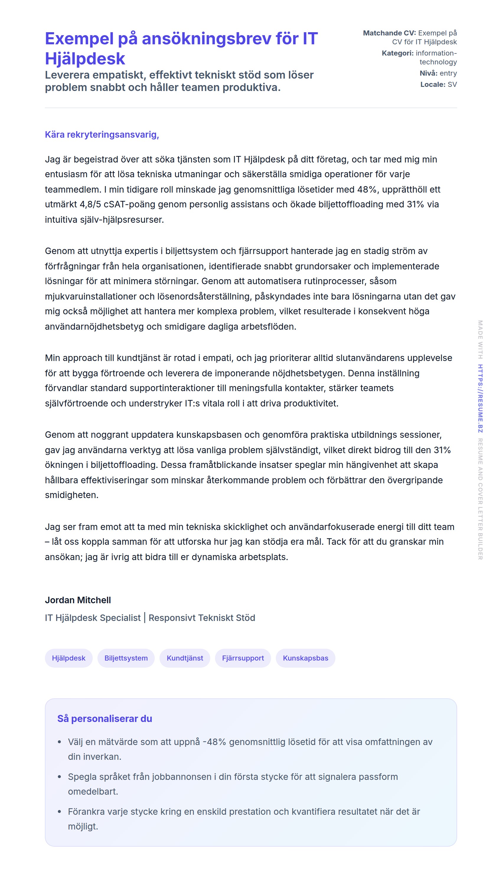 Förhandsgranskning av motivationsbrev för Exempel på ansökningsbrev för IT Hjälpdesk