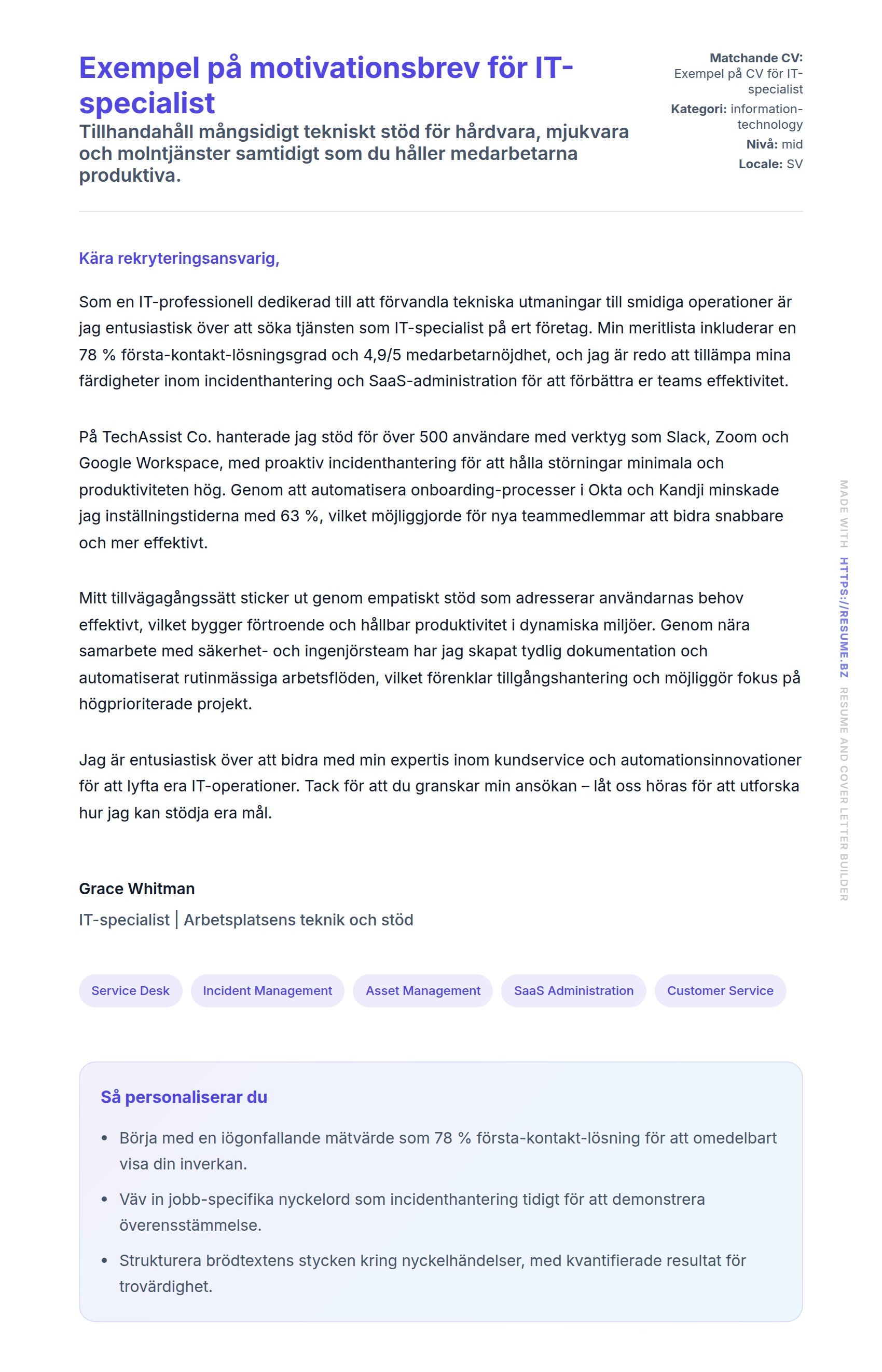 Förhandsgranskning av motivationsbrev för Exempel på motivationsbrev för IT-specialist