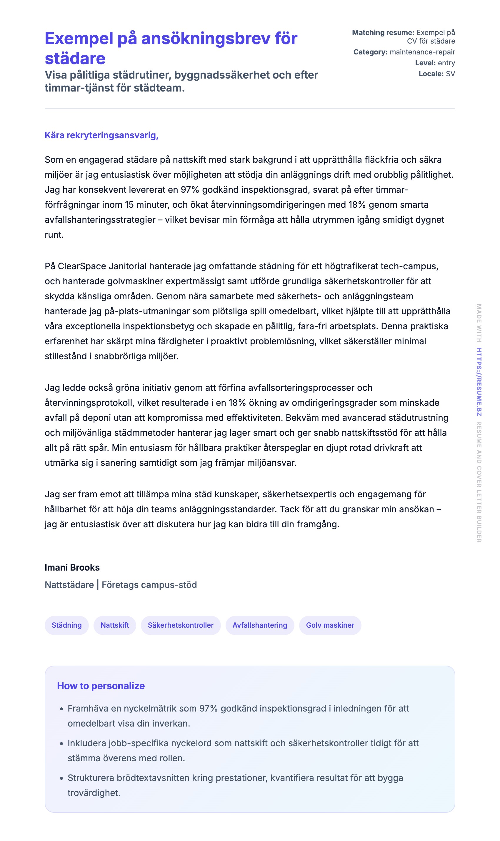 Förhandsgranskning av motivationsbrev för Exempel på ansökningsbrev för städare
