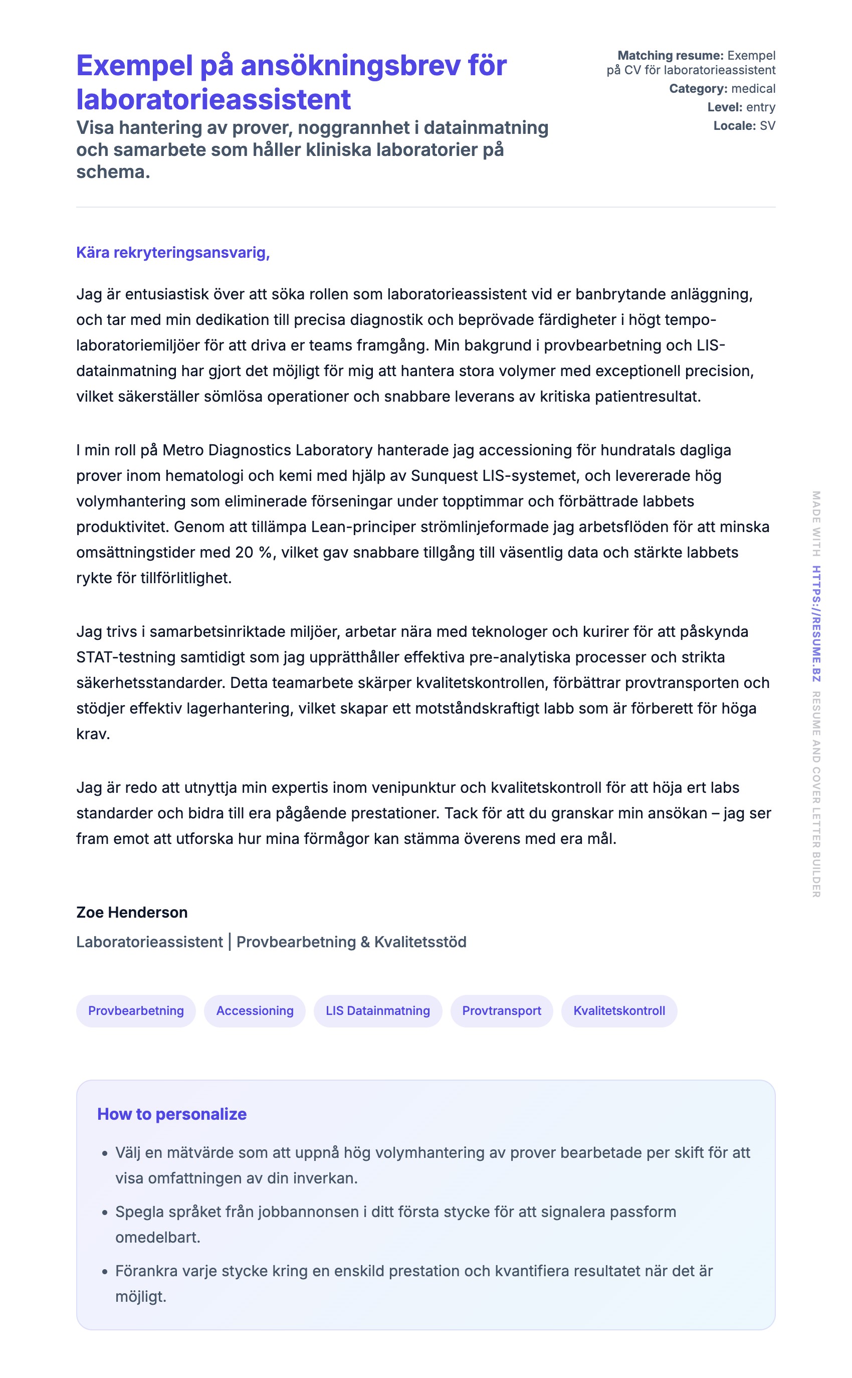 Förhandsgranskning av motivationsbrev för Exempel på ansökningsbrev för laboratorieassistent
