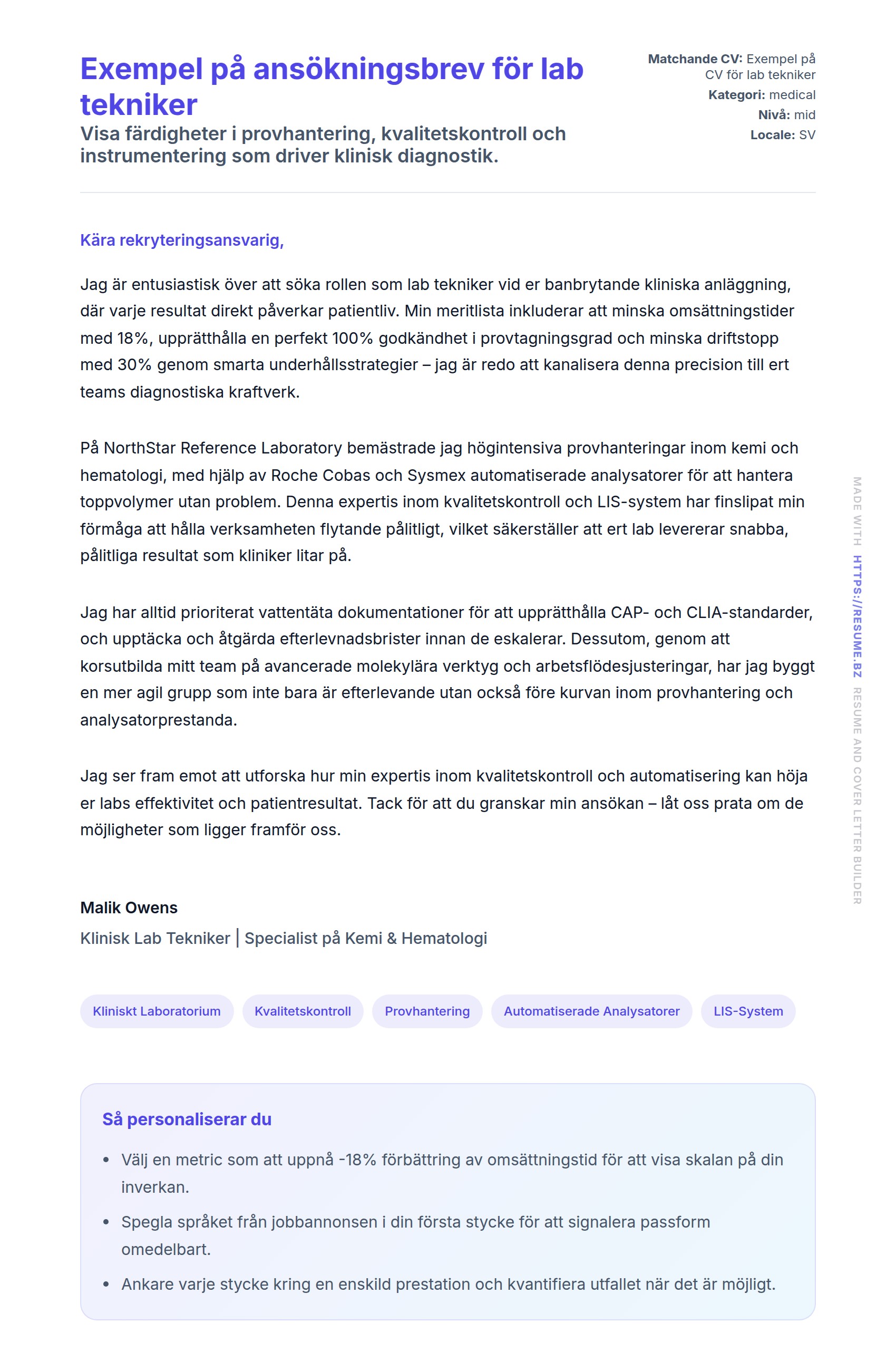Förhandsgranskning av motivationsbrev för Exempel på ansökningsbrev för lab tekniker