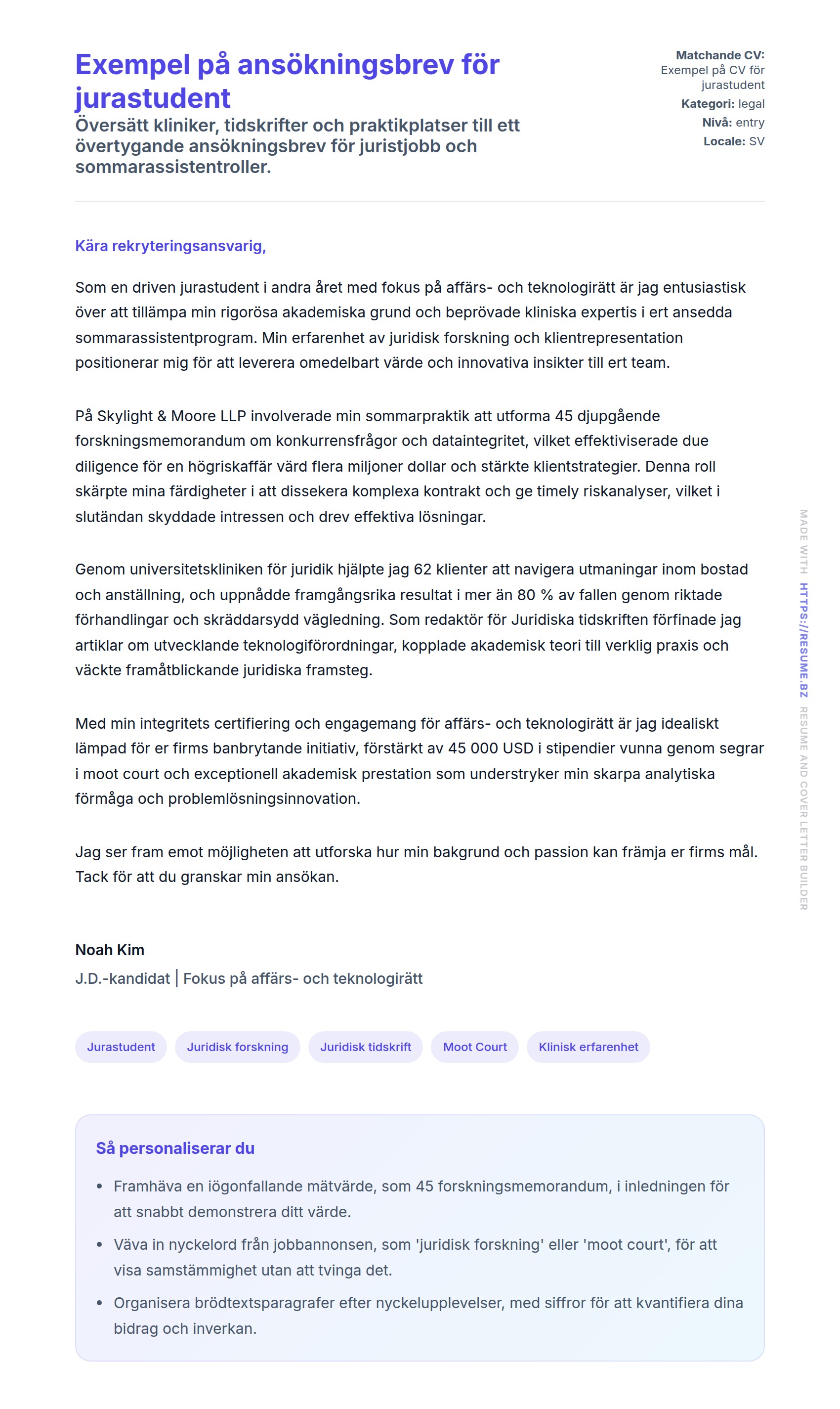 Förhandsgranskning av motivationsbrev för Exempel på ansökningsbrev för jurastudent