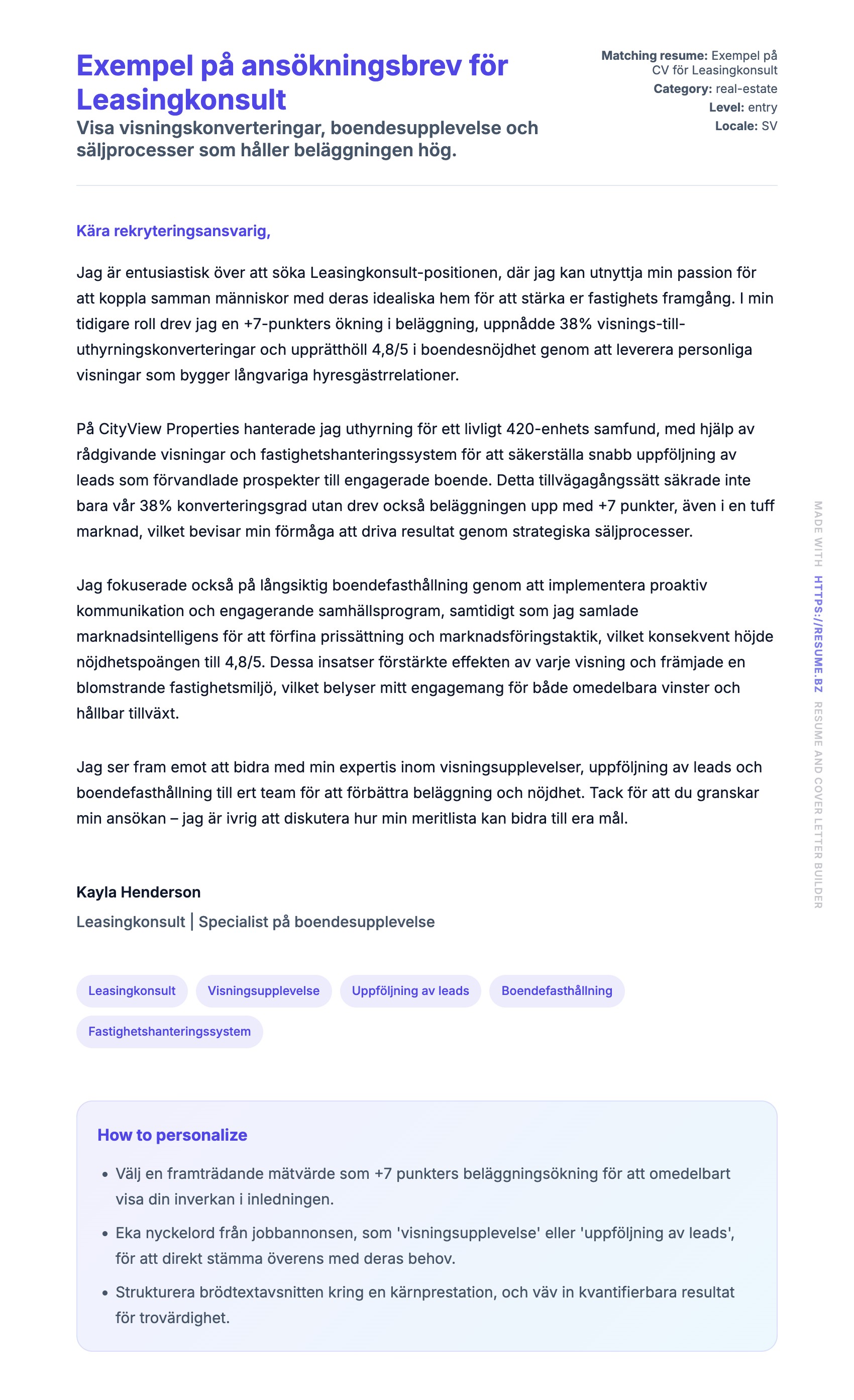 Förhandsgranskning av motivationsbrev för Exempel på ansökningsbrev för Leasingkonsult